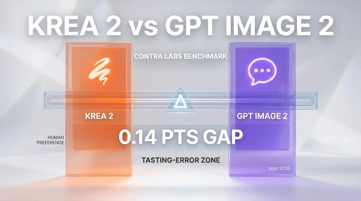 Krea 2 benchmark scoring 0.14 points behind GPT Image 2 on Contra Labs human preference leaderboard, illustrated tasting-error tolerance comparison