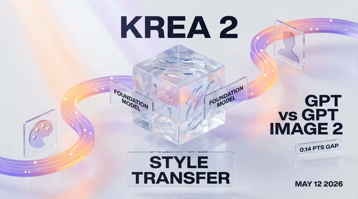 Krea 2 launch — Krea's first foundation image model, style transfer system, vs GPT Image 2 with 0.14 points gap, May 12 2026 aggregator-to-foundation pivot