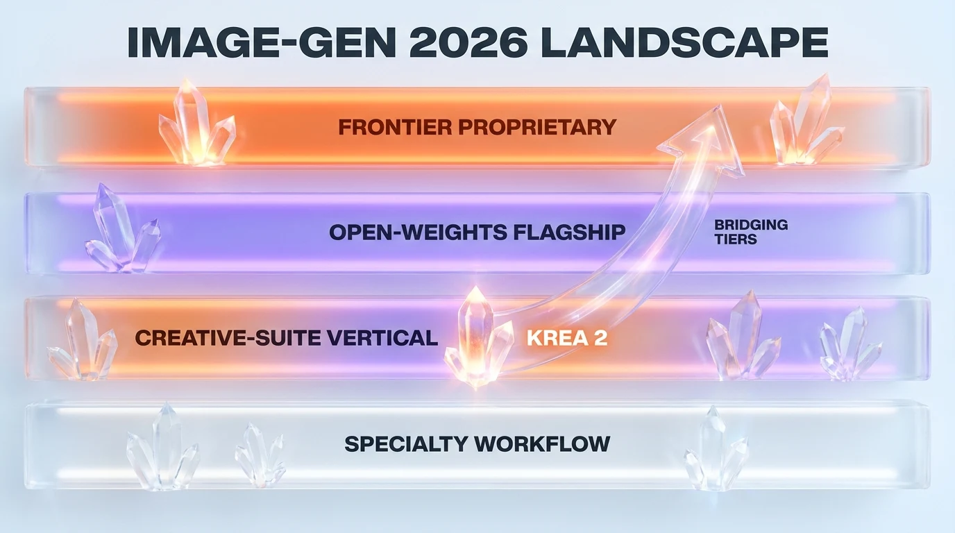 2026 image generation landscape map four tiers frontier proprietary open weights creative suite specialty, Krea 2 bridging tiers, GPT Image 2 Nano Banana Pro FLUX 2 Midjourney Adobe Firefly Leonardo