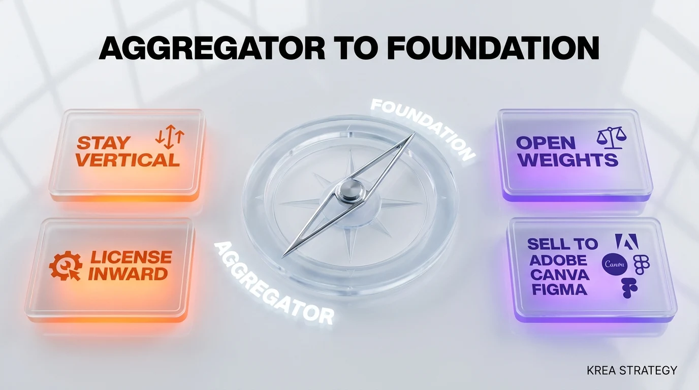 Krea strategic pivot from aggregator creative suite to foundation model lab, four options vertical open license sell, market positioning May 2026