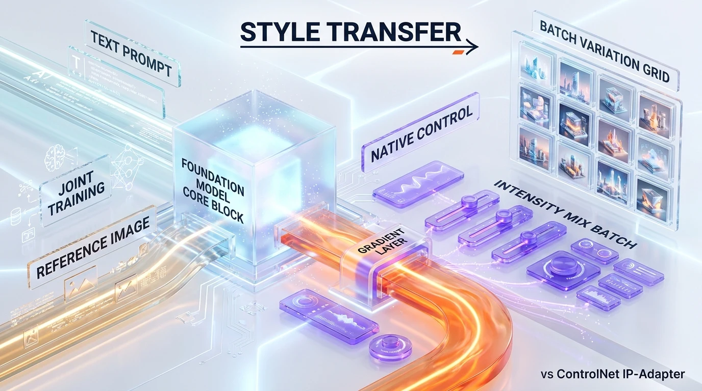 Krea 2 style transfer architecture diagram, native control surface for style influence intensity multi-style mixing batch variation, foundation model joint training May 2026