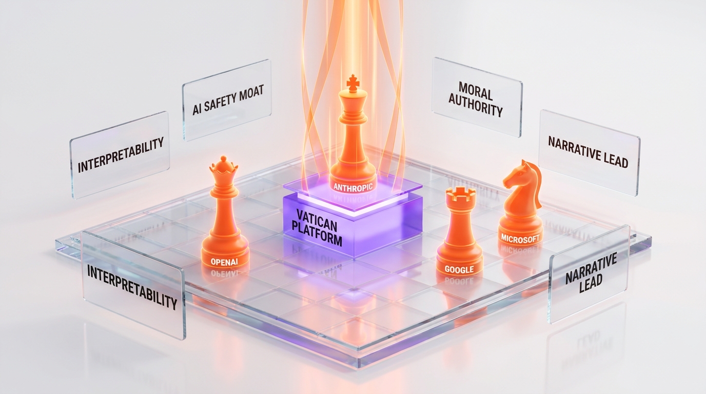 Anthropic's narrative positioning — the only frontier AI lab on the Vatican program, interpretability framed as moral seriousness, ahead of OpenAI, Google, Microsoft
