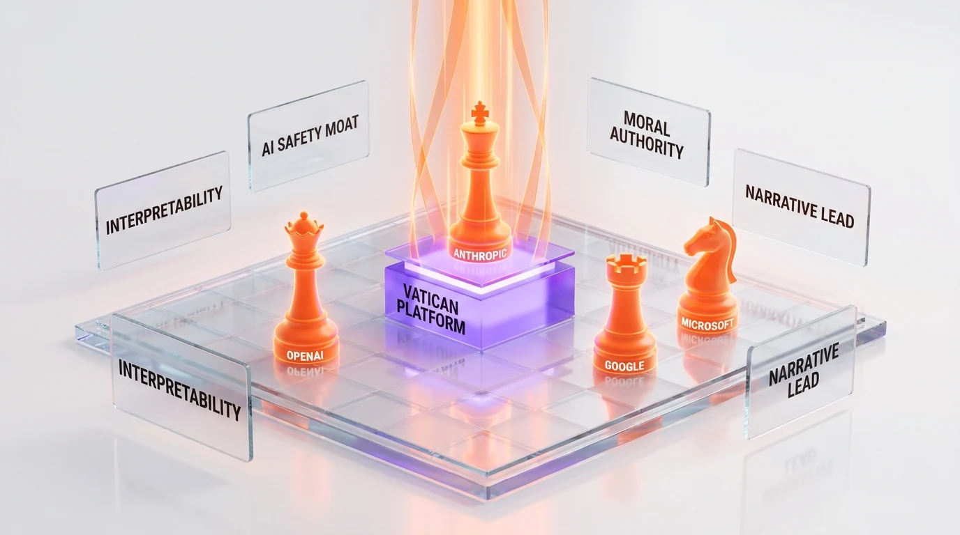 Anthropic's narrative positioning — the only frontier AI lab on the Vatican program, interpretability framed as moral seriousness, ahead of OpenAI, Google, Microsoft