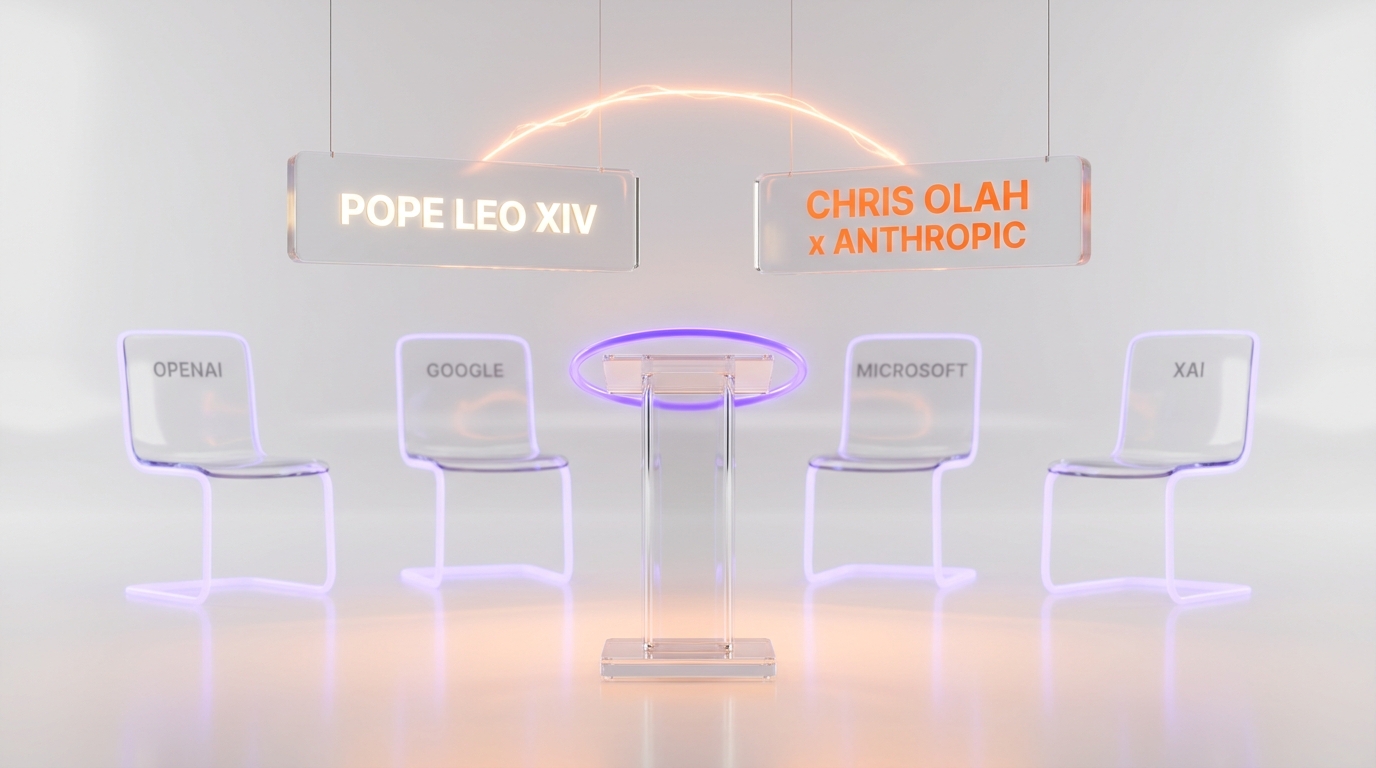 The Vatican Synod Hall staging on May 25, 2026 — Pope Leo XIV and Anthropic's Chris Olah on the program, while OpenAI, Google, Microsoft, and xAI seats sit empty