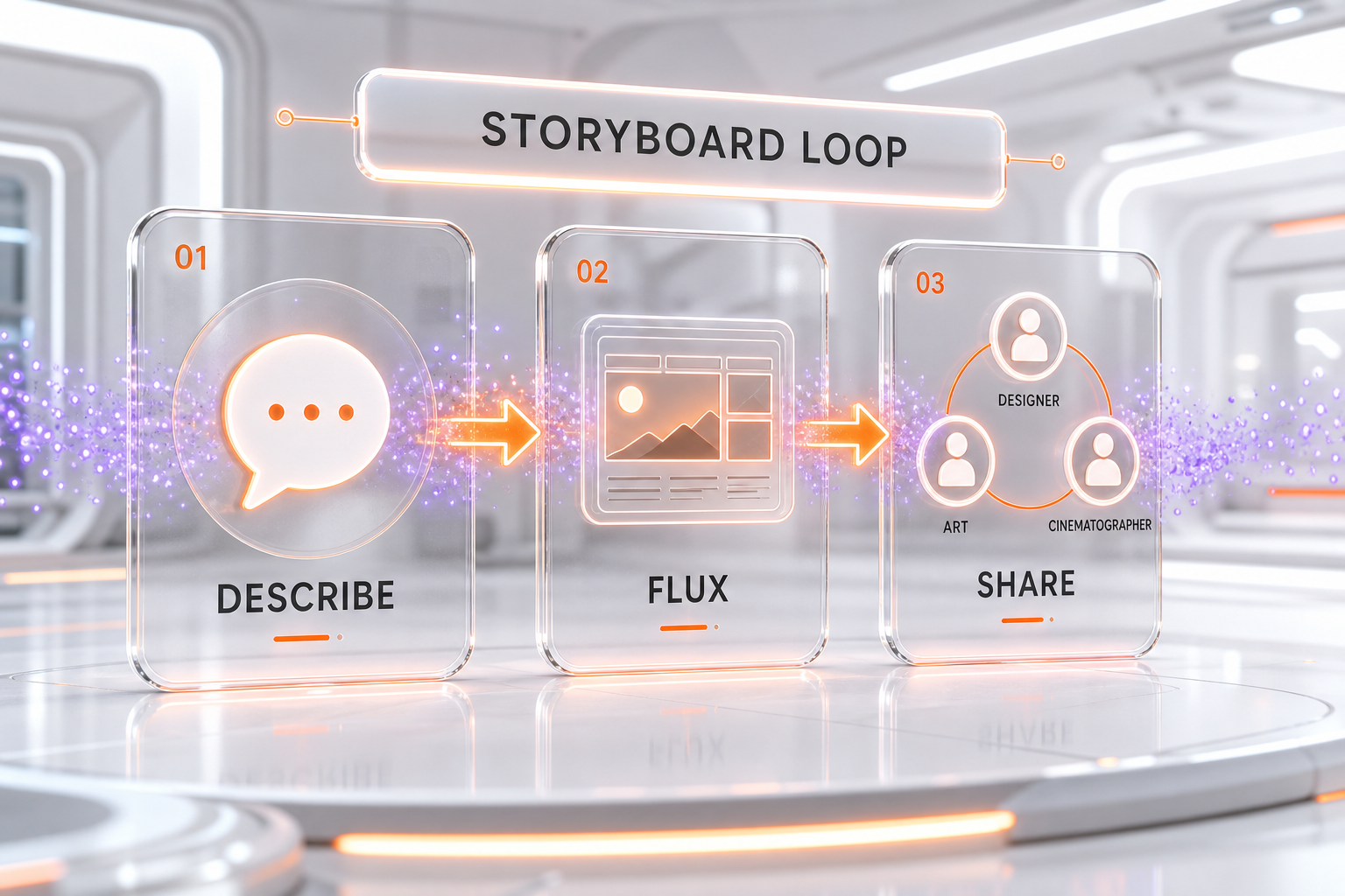 FLUX storyboard workflow in pre-production: a director describes a scene, FLUX renders a storyboard frame, and the frame is shared with the production designer, art designer, and cinematographer