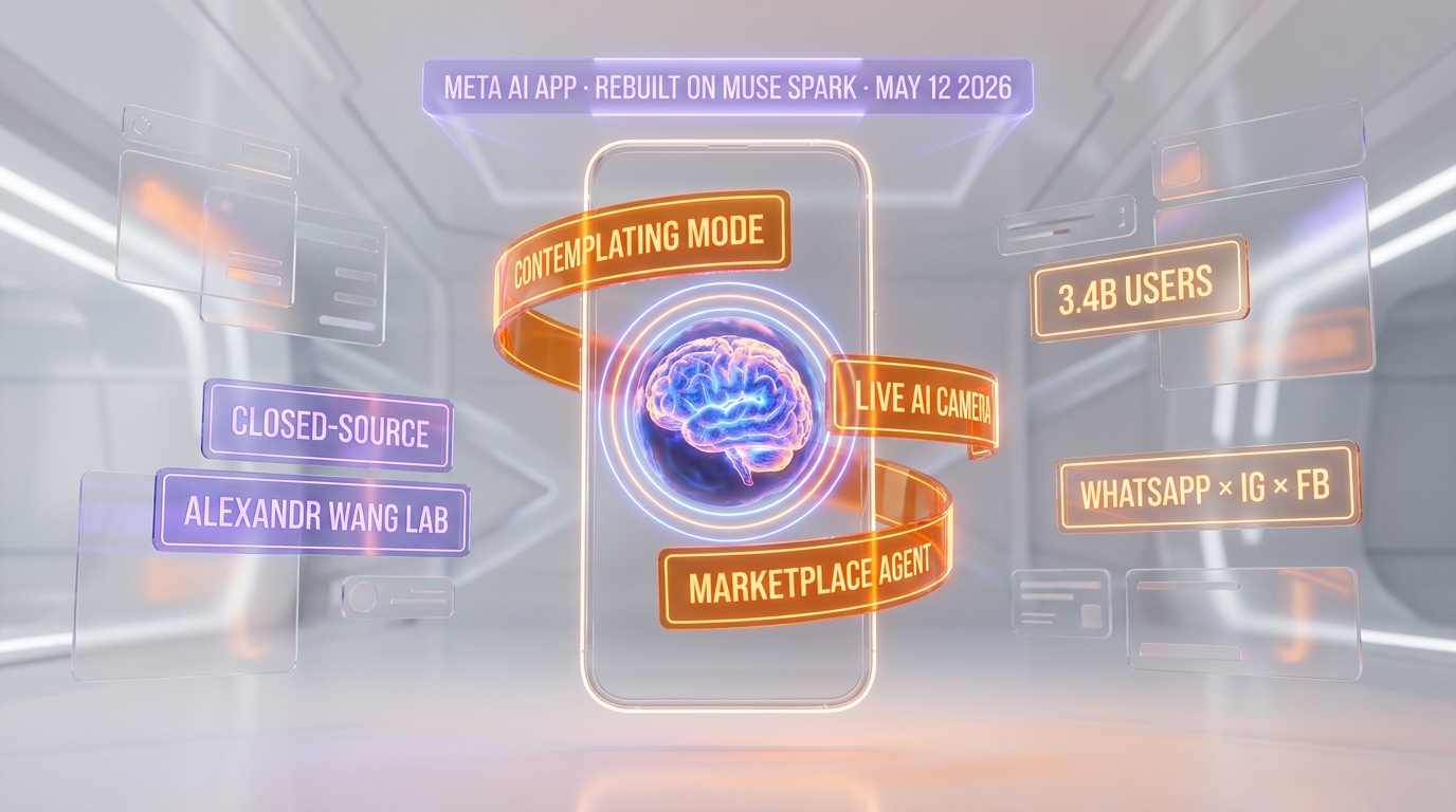 Meta AI app rebuilt on Muse Spark — Contemplating mode, Live AI camera, Marketplace agent