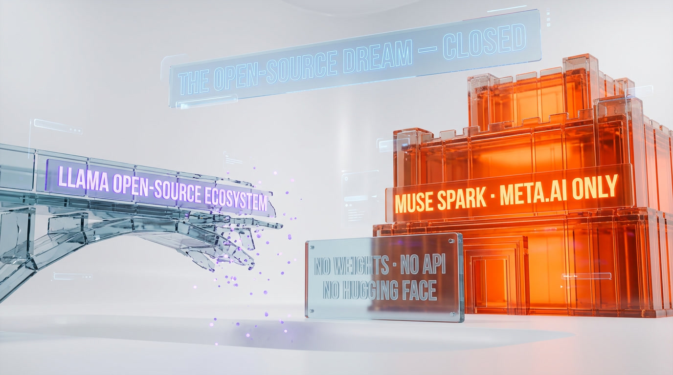 The open-source Llama ecosystem shown as a collapsing bridge while Muse Spark glows as a closed fortress on meta.ai — Meta's strategic pivot visualized