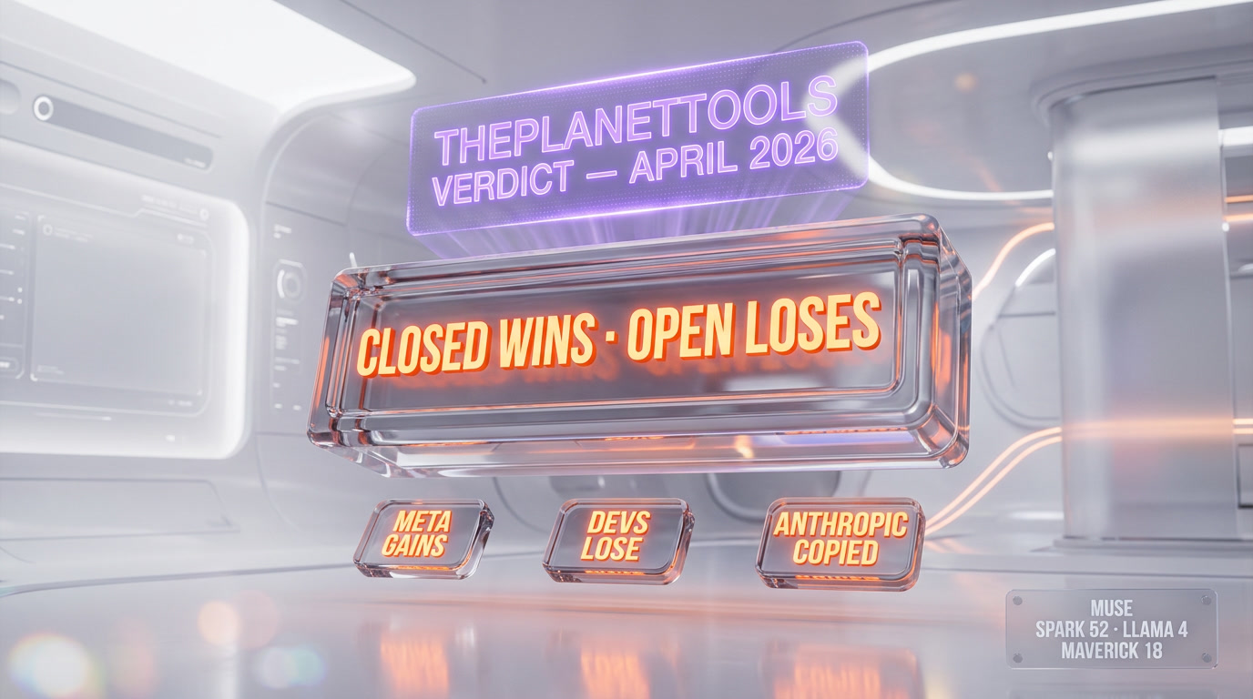 Editorial verdict graphic calling Meta Muse Spark a strategic win for Meta and a strategic loss for the open-source AI ecosystem — closed-weights era begins