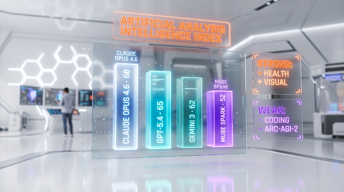Meta Muse Spark benchmarks — score 52 on Artificial Analysis Index, strong health and visual, weak coding and ARC-AGI-2