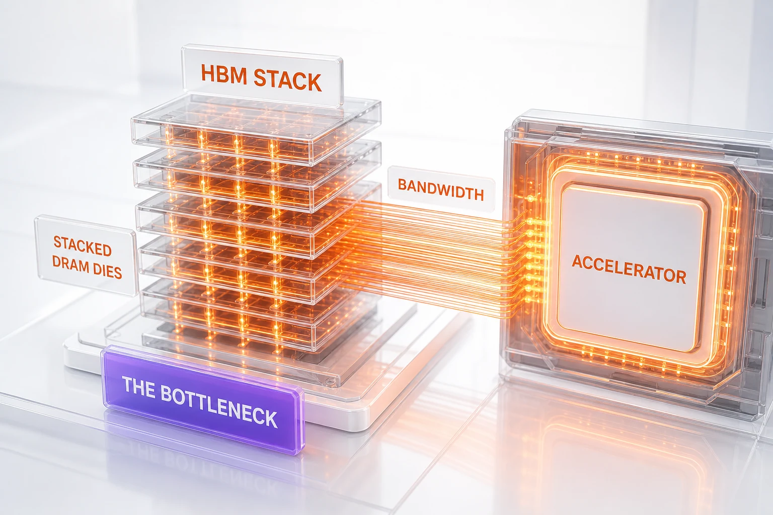 HBM die stack feeding an AI accelerator — the bandwidth bottleneck of the AI build-out