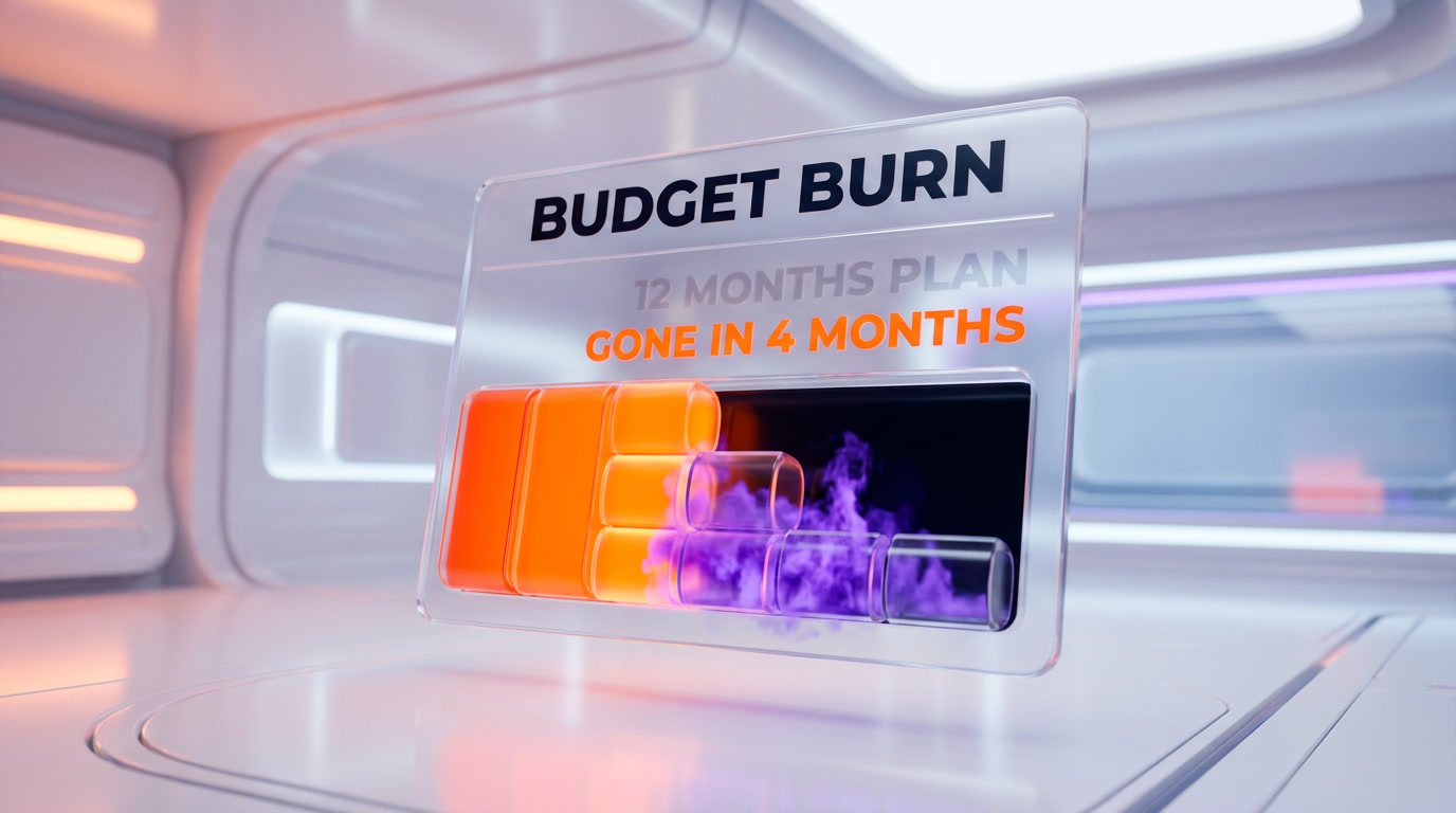 Budget burn chart — annual AI tooling budget exhausted in four months