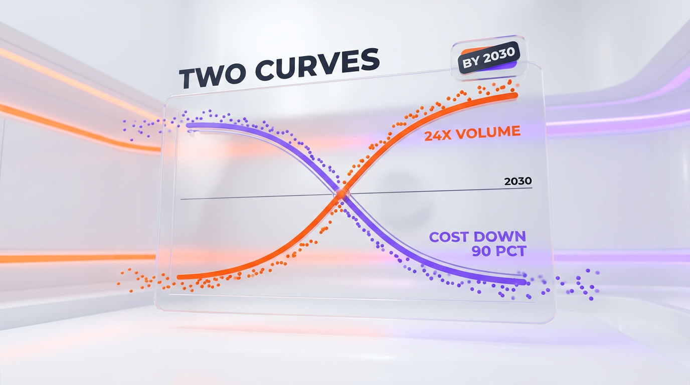 Two opposing curves — token volume rising while per-token inference cost falls