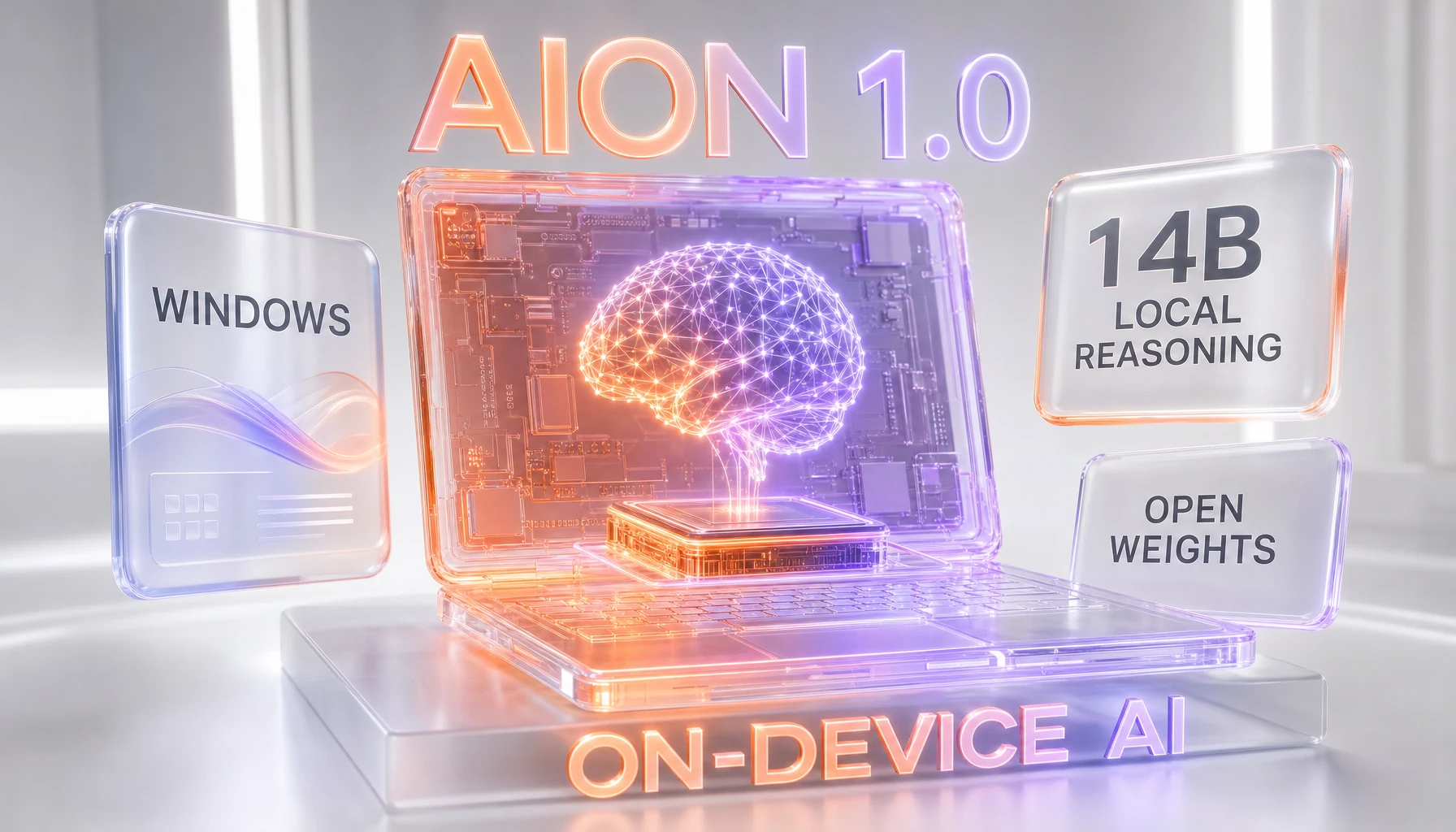Aion 1.0 on-device AI for Windows — a glowing laptop running a 14B local reasoning model with open weights