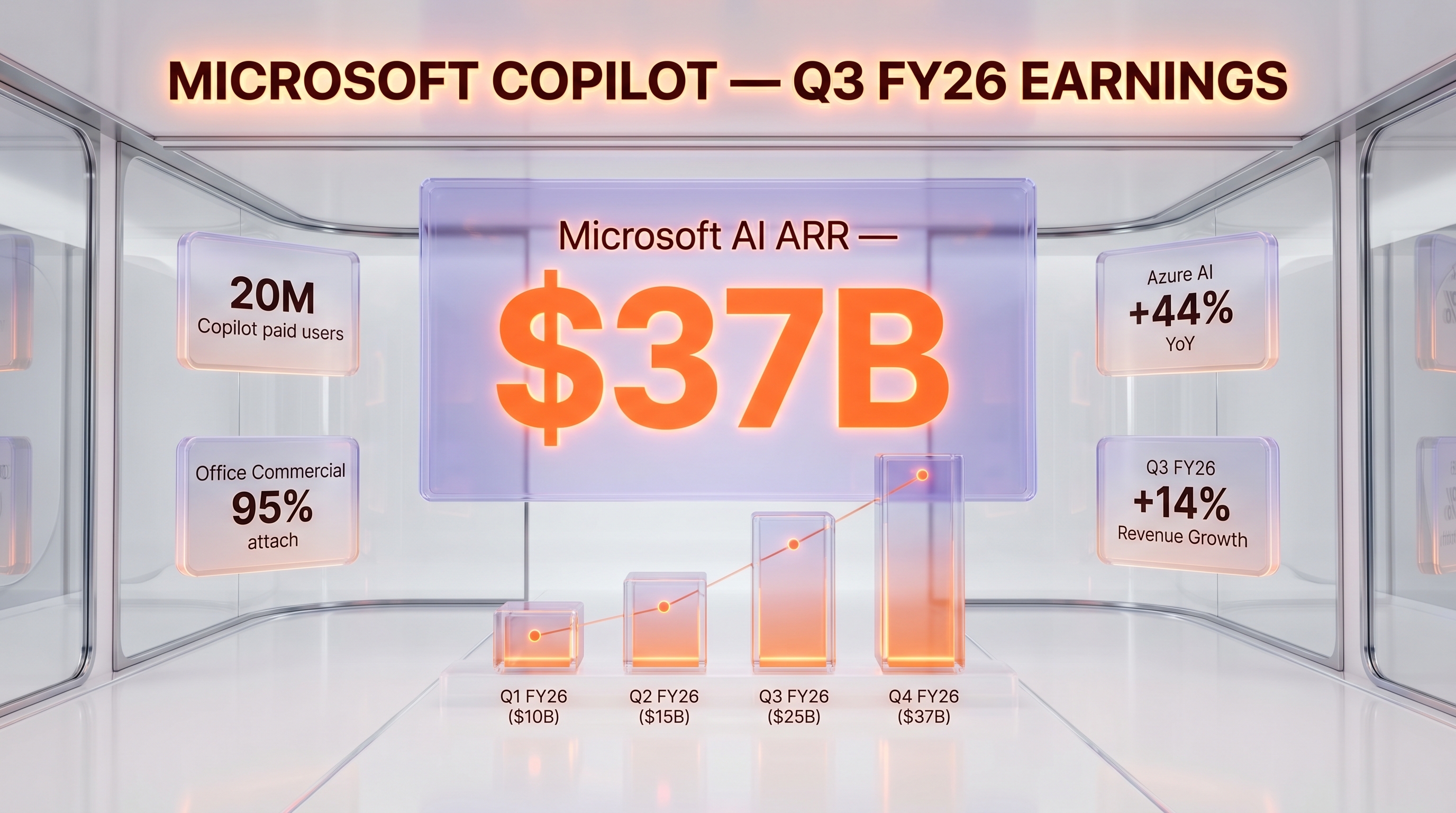 Microsoft AI ARR $37B Q3 FY26 — 20 million Copilot paid users, Office Commercial 95% attach, Azure AI +44% YoY