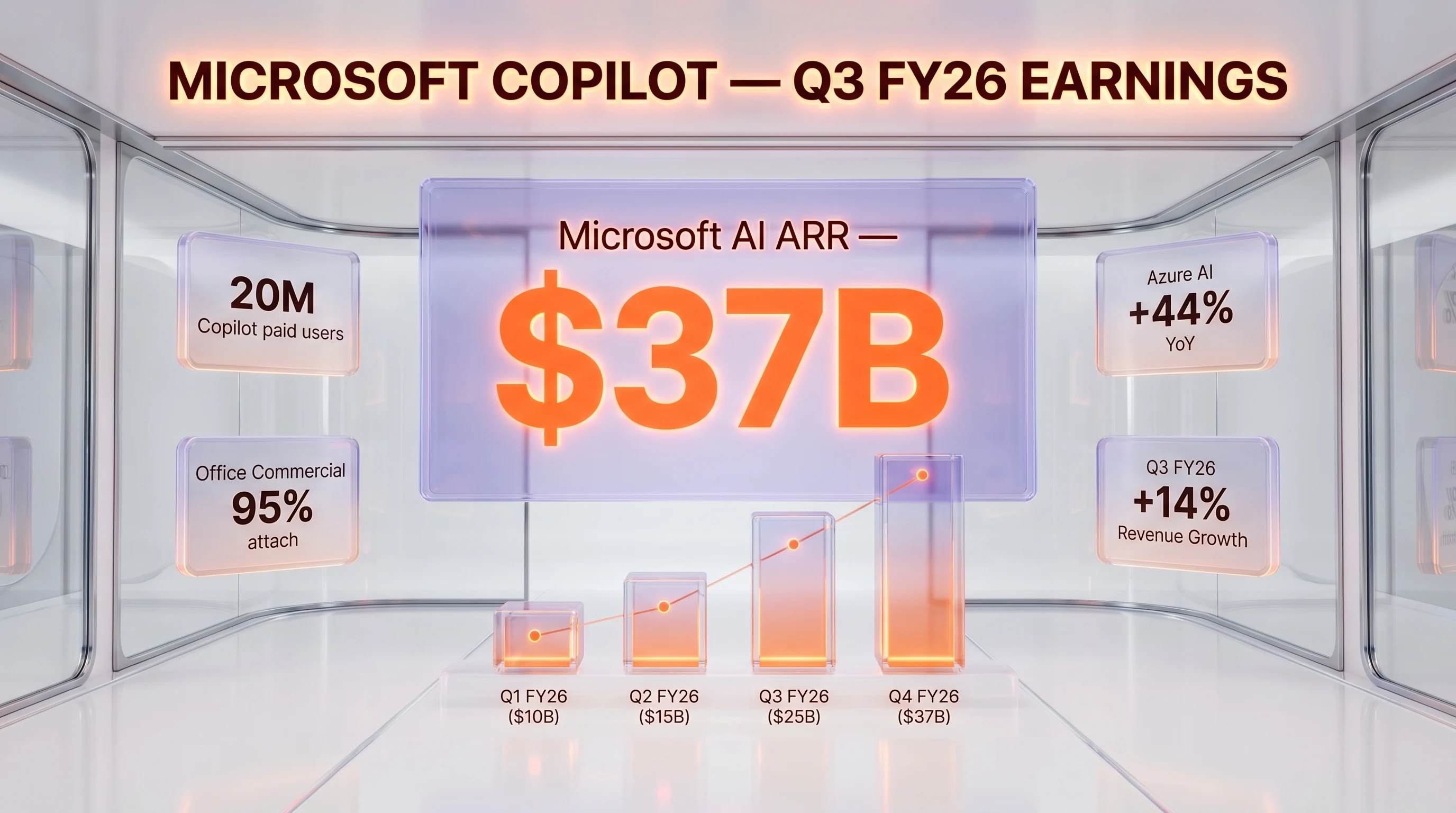 Microsoft AI ARR $37B Q3 FY26 — 20 million Copilot paid users, Office Commercial 95% attach, Azure AI +44% YoY
