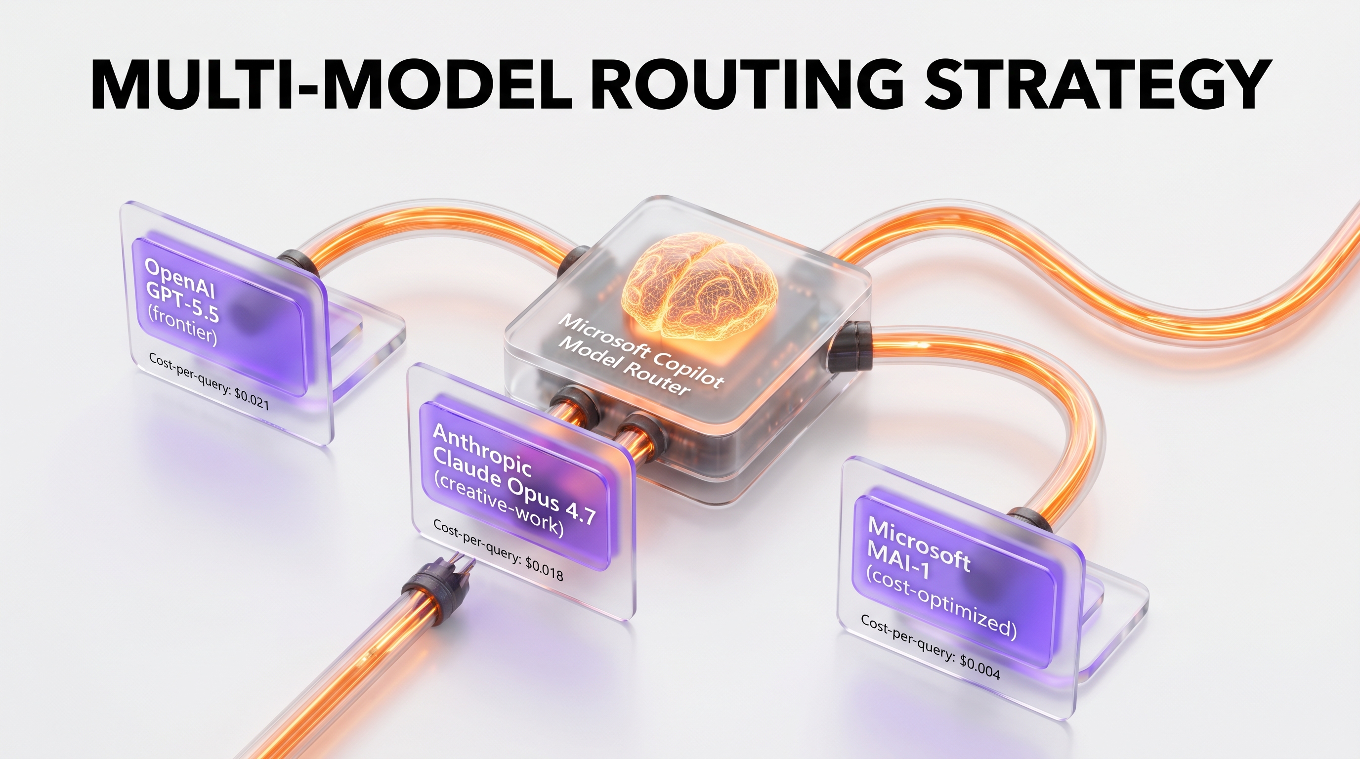 Microsoft Copilot multi-model router strategy — OpenAI GPT-5.5 frontier, Anthropic Claude Opus 4.7 creative work, Microsoft MAI-1 cost-optimized