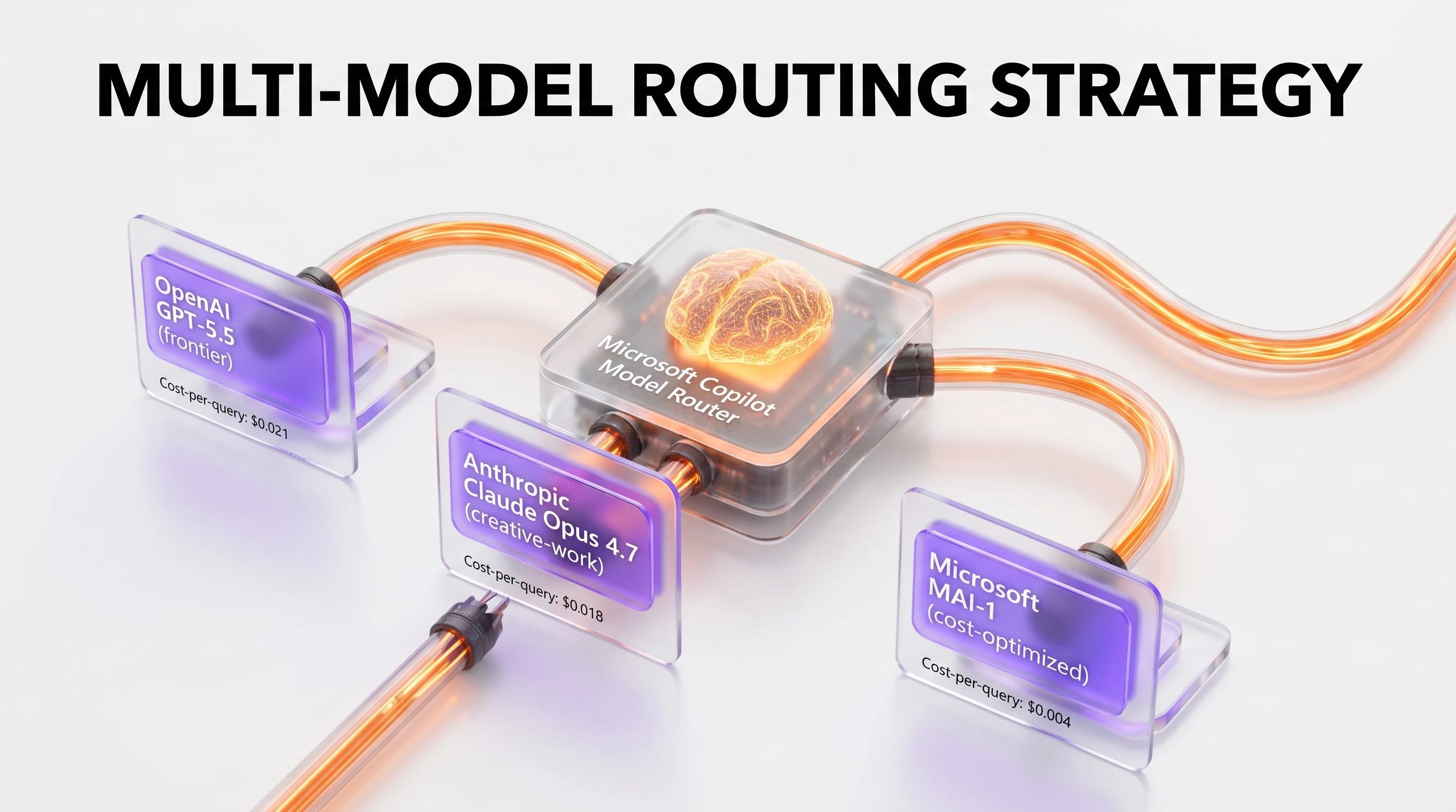 Microsoft Copilot multi-model router strategy — OpenAI GPT-5.5 frontier, Anthropic Claude Opus 4.7 creative work, Microsoft MAI-1 cost-optimized