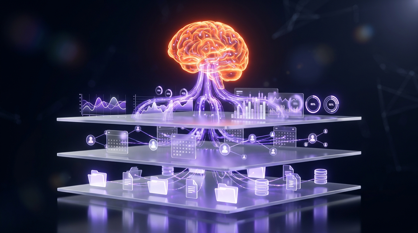 Microsoft Work IQ context layers — data, tools, organizational processes feeding the agent