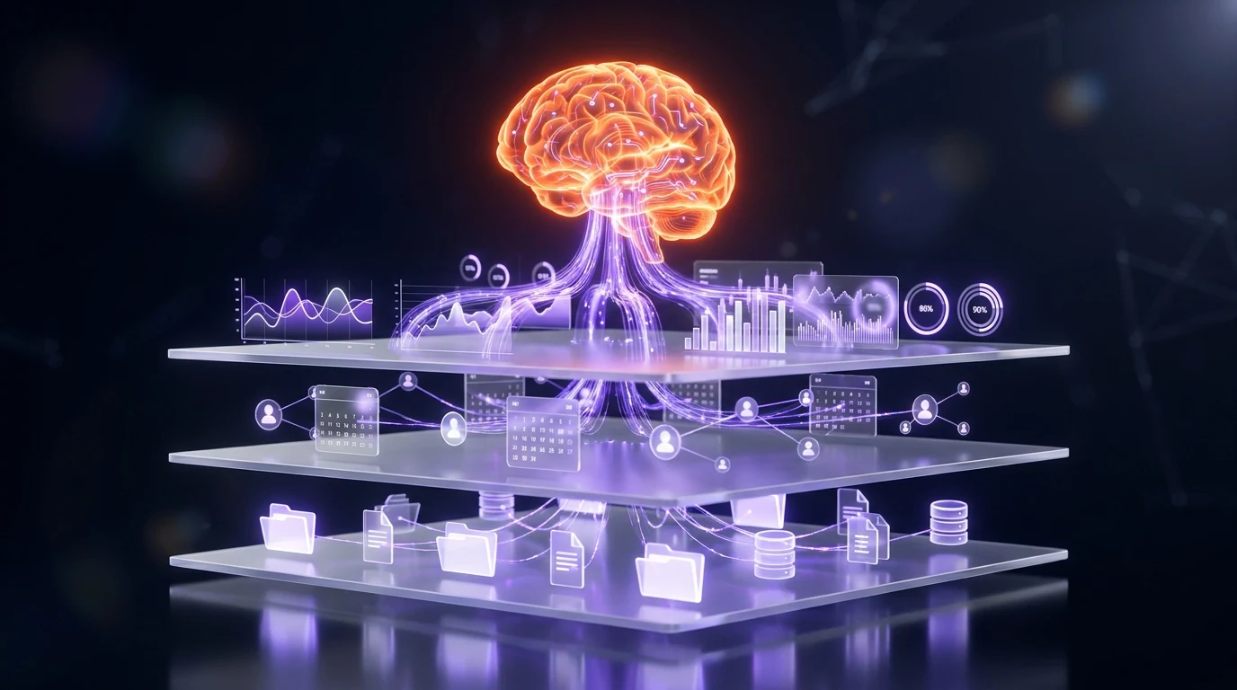 Microsoft Work IQ context layers — data, tools, organizational processes feeding the agent