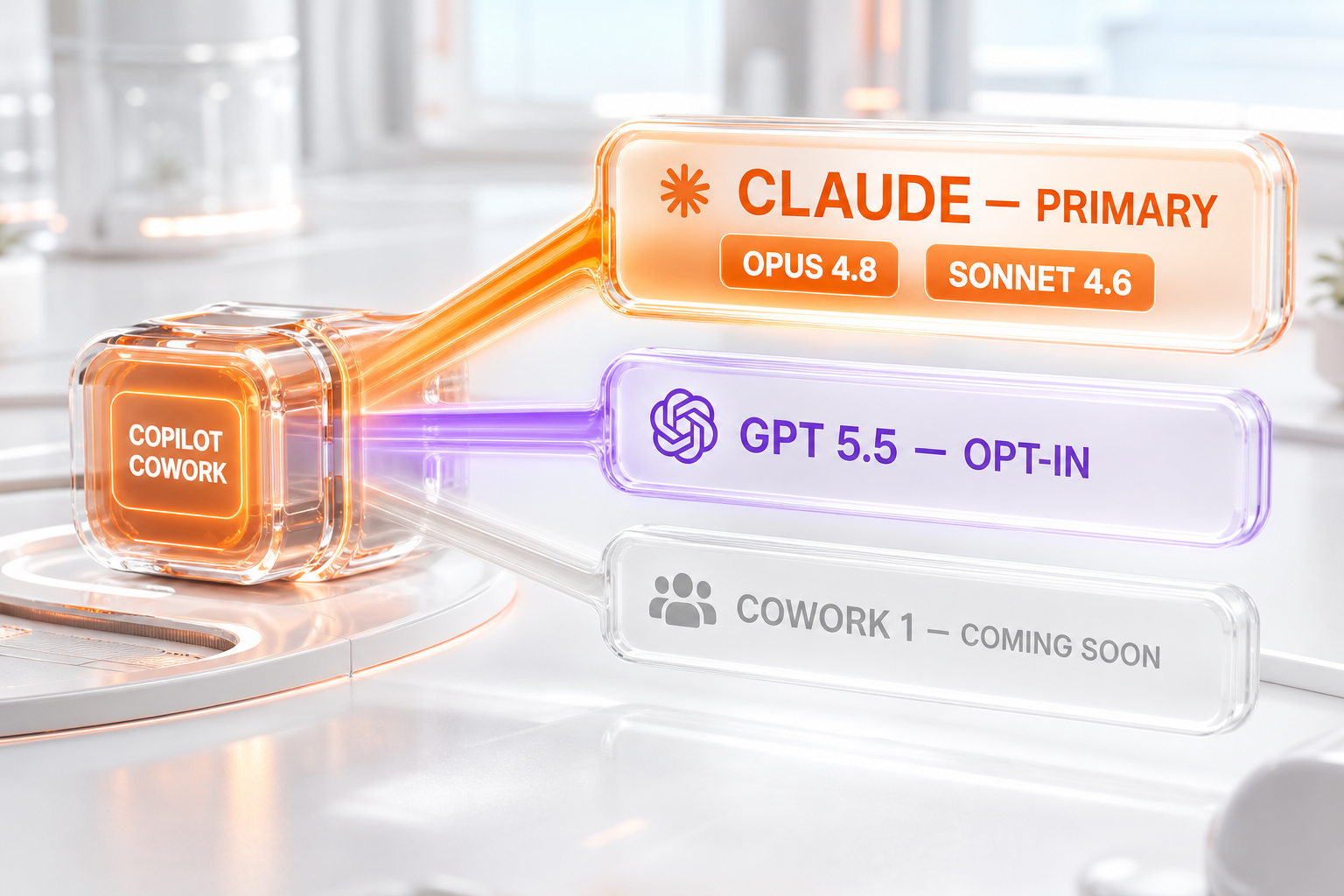 Copilot Cowork model routing — Anthropic Claude Opus 4.8 and Sonnet 4.6 as primary engines, GPT 5.5 opt-in, Cowork 1 coming soon