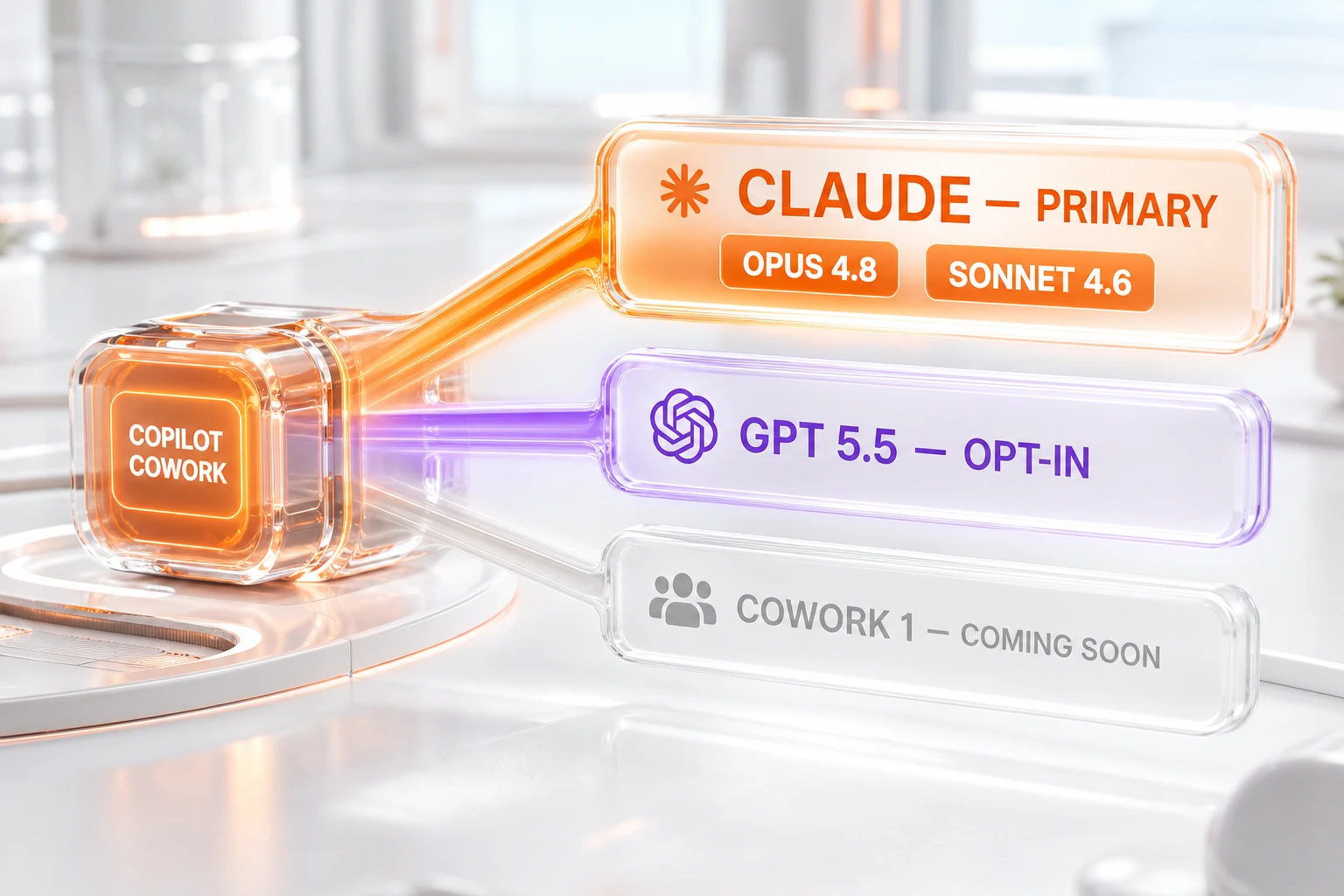 Copilot Cowork model routing — Anthropic Claude Opus 4.8 and Sonnet 4.6 as primary engines, GPT 5.5 opt-in, Cowork 1 coming soon