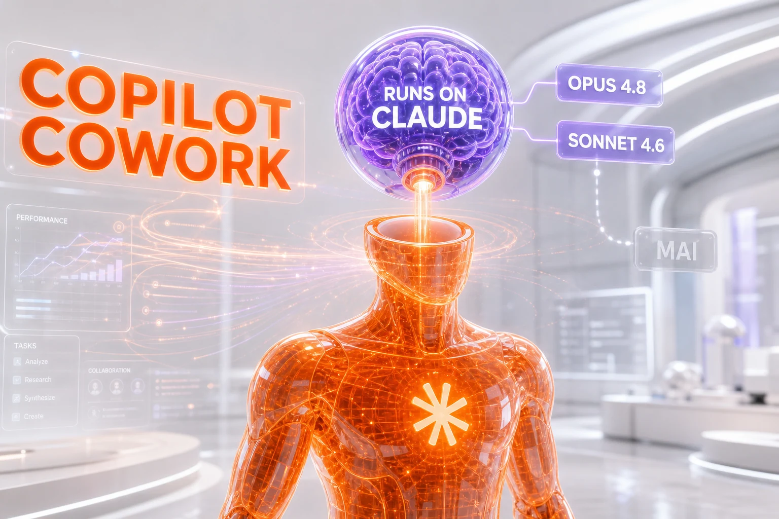 Microsoft Copilot Cowork runs on Anthropic Claude — abstract AI teammate powered by an external engine