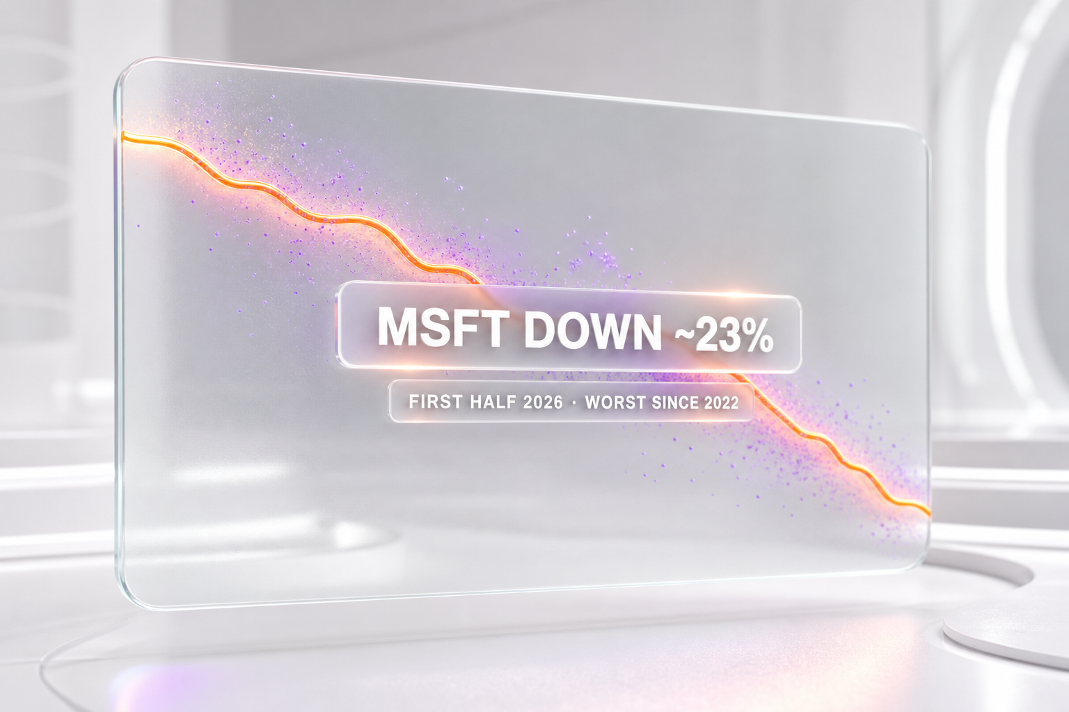 Single descending glowing line with one callout reading MSFT down about 23% first half 2026, worst first-half since 2022