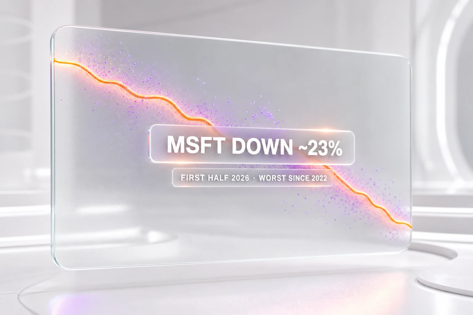 Single descending glowing line with one callout reading MSFT down about 23% first half 2026, worst first-half since 2022