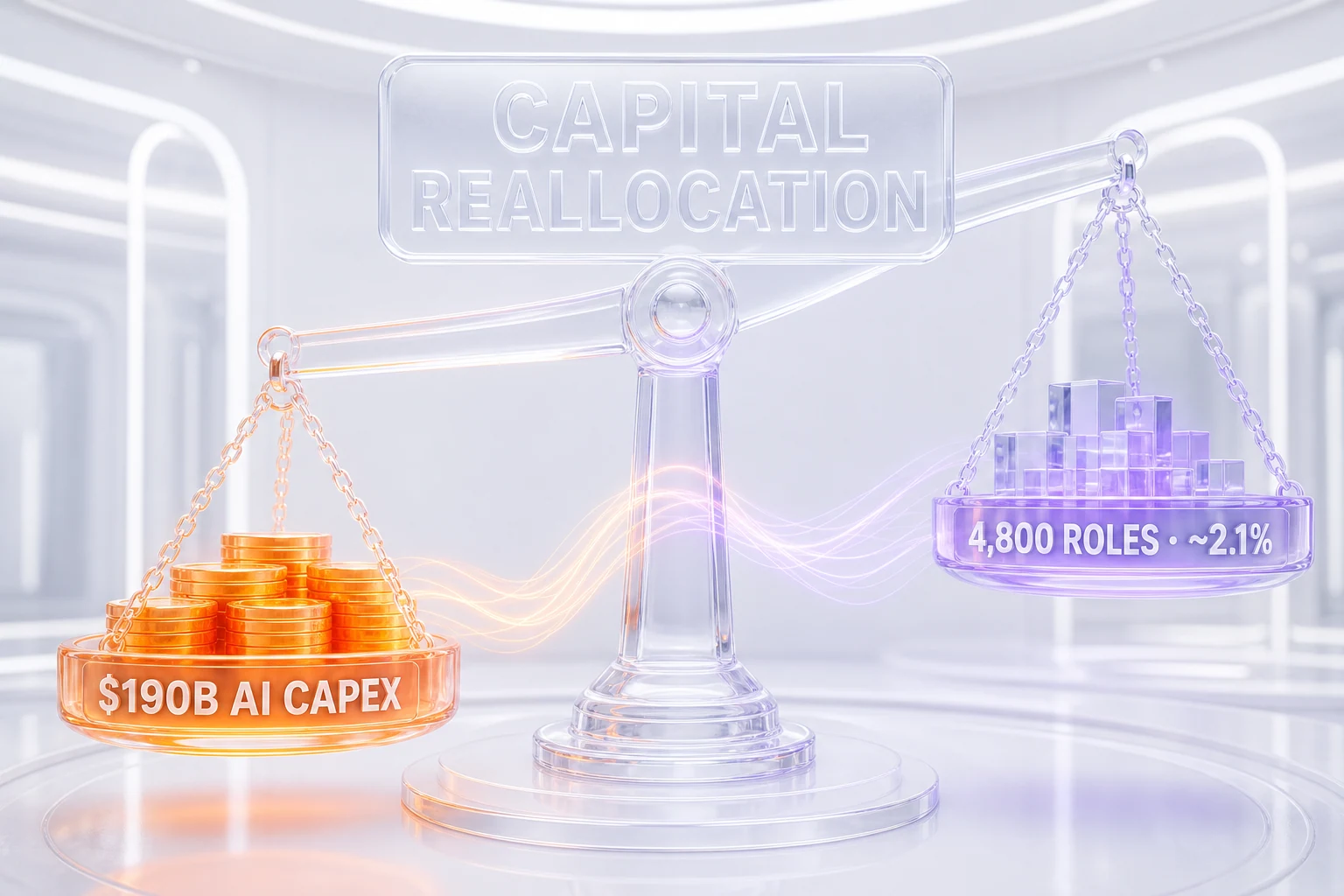 Abstract balance scale weighing $190B AI capex against 4,800 roles cut at about 2.1% of staff