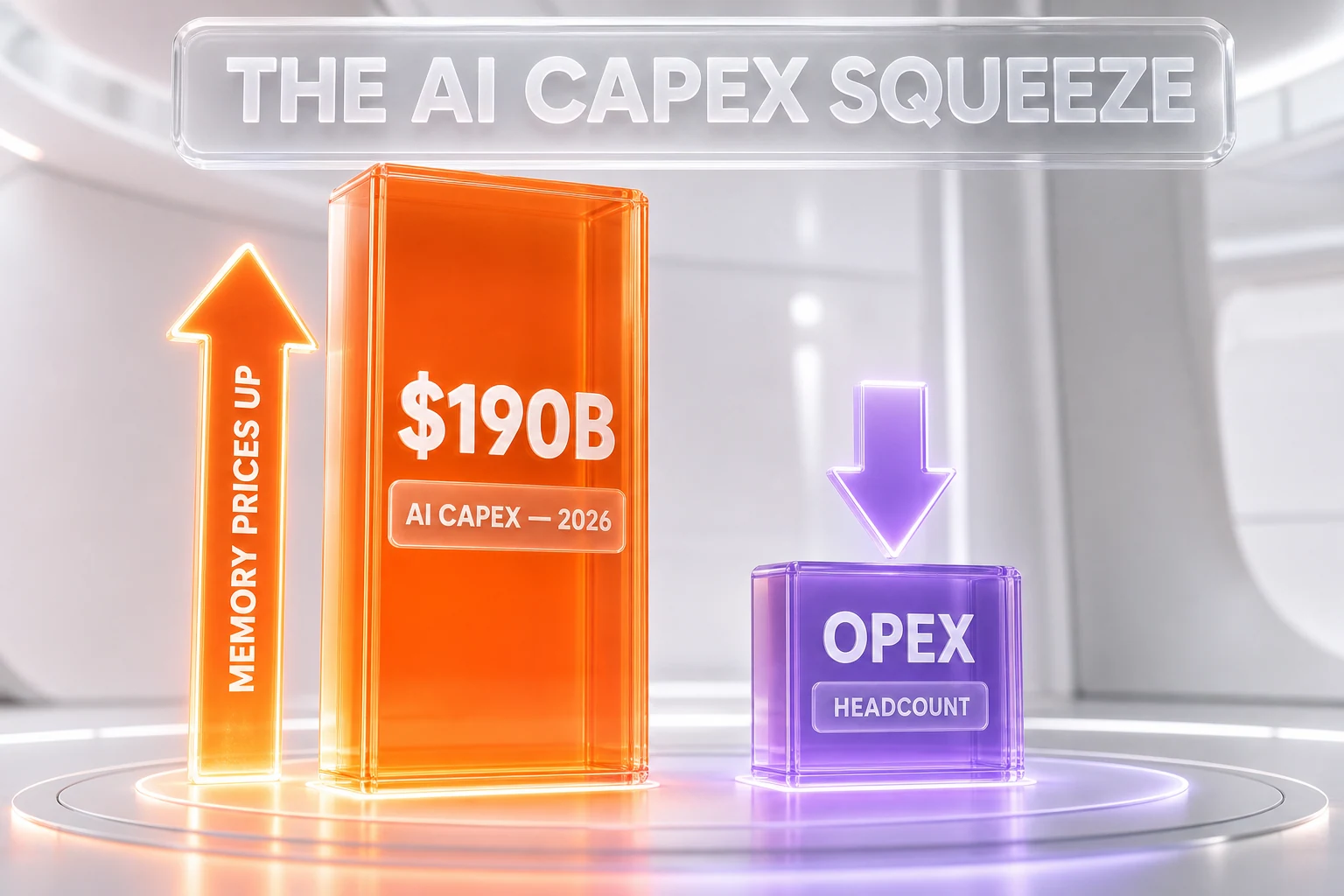 Tall $190B AI capex pillar rising against a short opex headcount pillar, pushed higher by rising memory prices