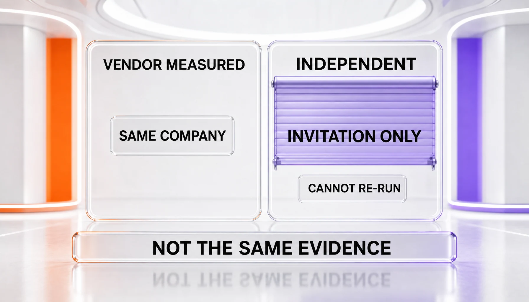 Two identically sized panels contrasting a vendor-measured result with an independently reproducible result, one marked invitation only