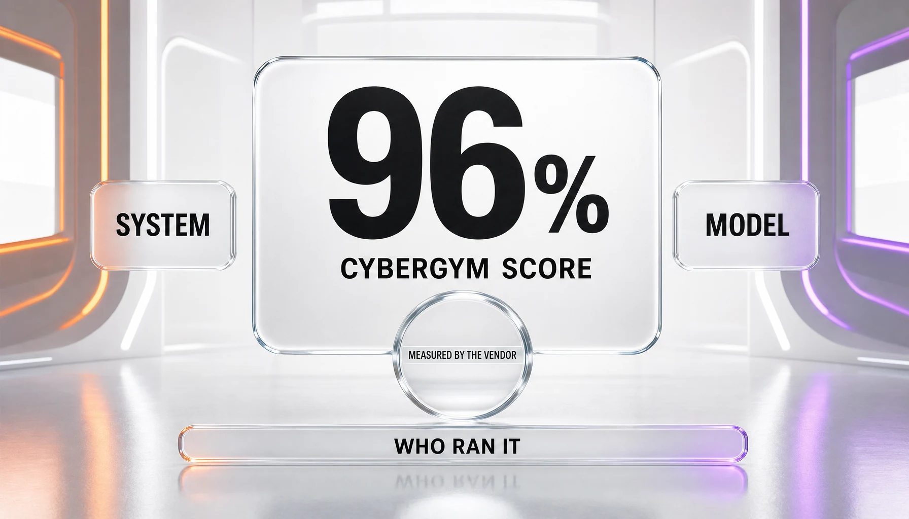 Editorial illustration of a benchmark score panel under inspection, questioning who measured a 96 percent cybersecurity benchmark result and under what configuration