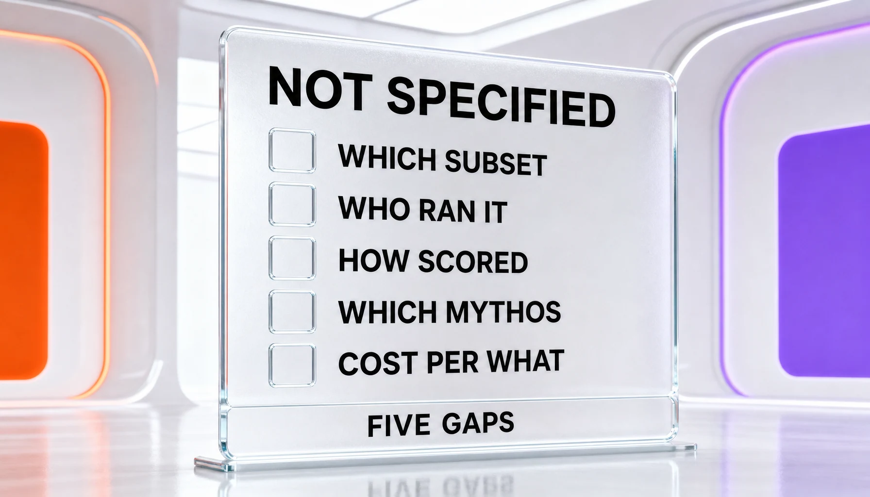 Checklist panel listing the unanswered questions about the benchmark claim: which subset, who ran it, which competitor versions, and what cost unit