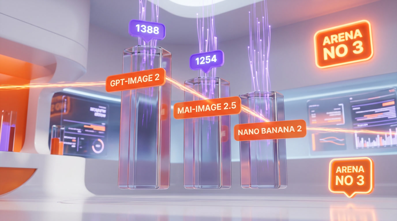 MAI-Image-2.5 Arena leaderboard ranking and reported scores versus Google Nano Banana 2 and OpenAI gpt-image-2
