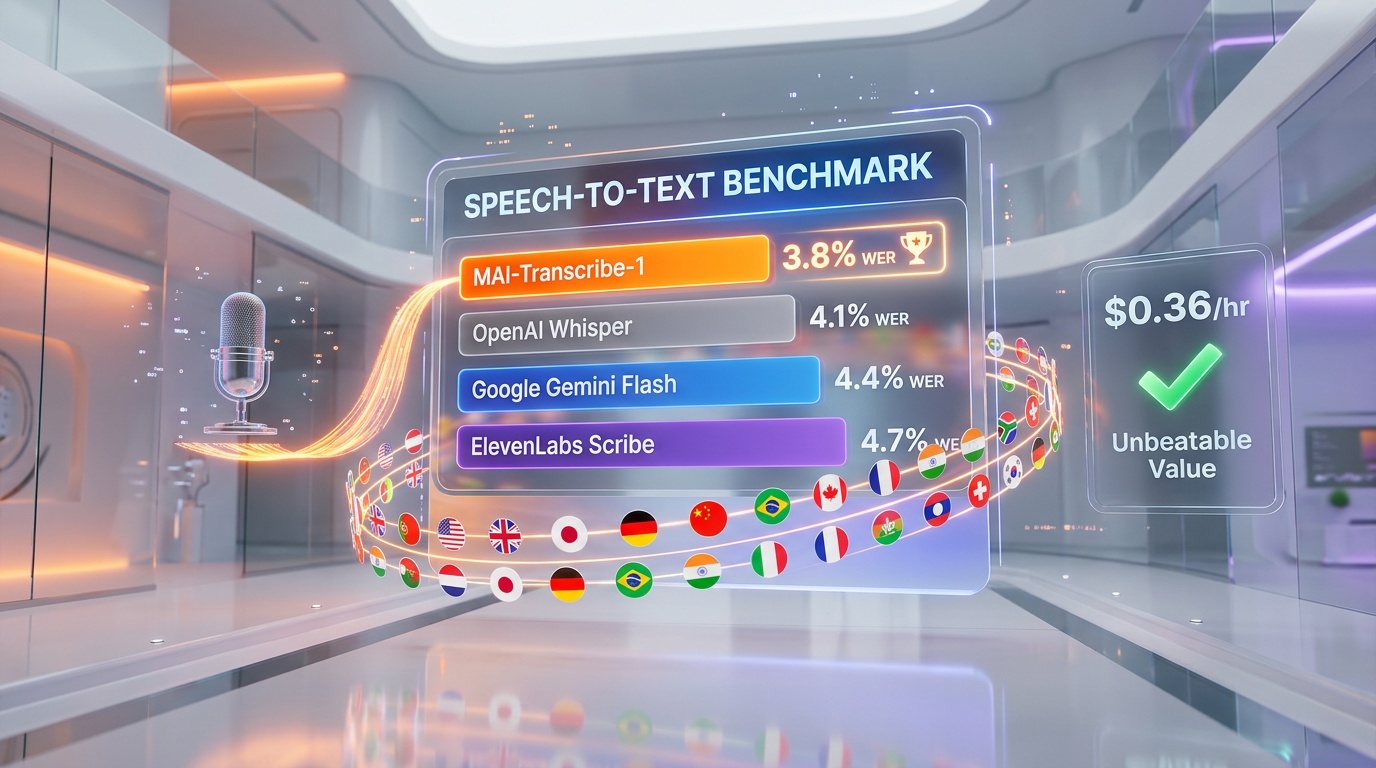 MAI-Transcribe-1 benchmark comparison vs OpenAI Whisper, Google Gemini, ElevenLabs Scribe