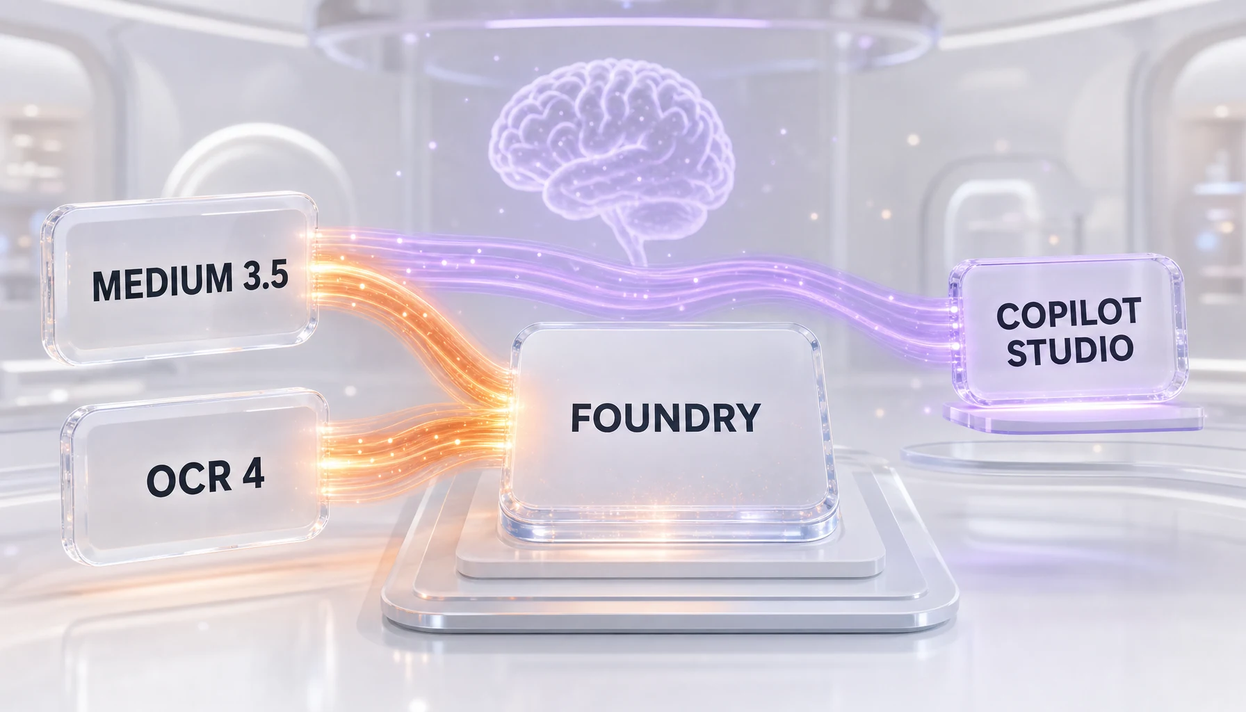 Illustration of Mistral models entering the Microsoft stack — two frosted-glass model chips labeled MEDIUM 3.5 and OCR 4 with orange data streams flowing into glass platform panels labeled FOUNDRY and COPILOT STUDIO, violet brain motif, orange and violet glow on a white background