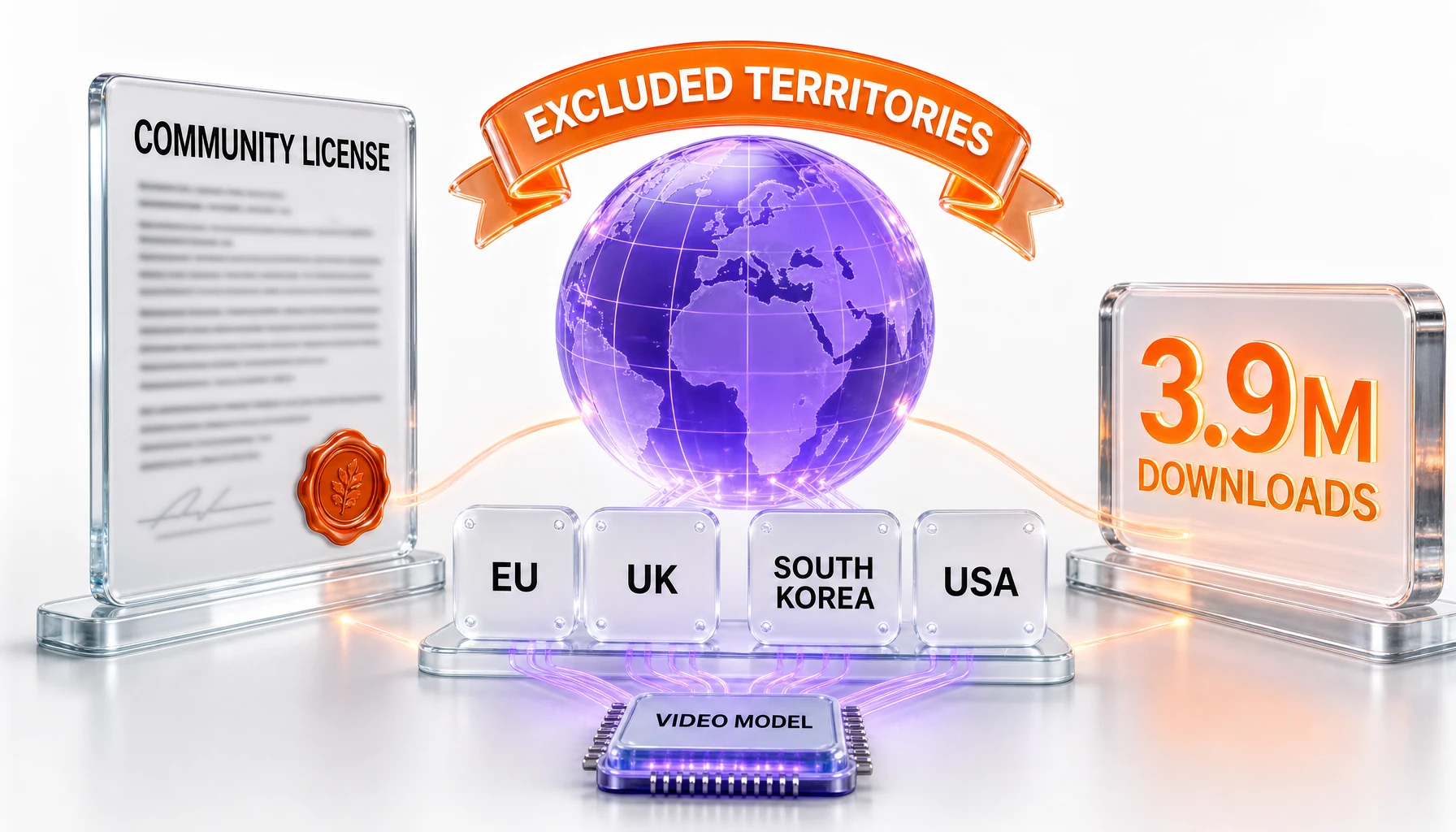 MiniMax H3 licensing overview — a violet glass globe under an orange banner reading EXCLUDED TERRITORIES, above four glass plaques labeled EU, UK, SOUTH KOREA and USA, flanked by a COMMUNITY LICENSE document and a counter reading 3.9M DOWNLOADS, orange and violet glow on a white background