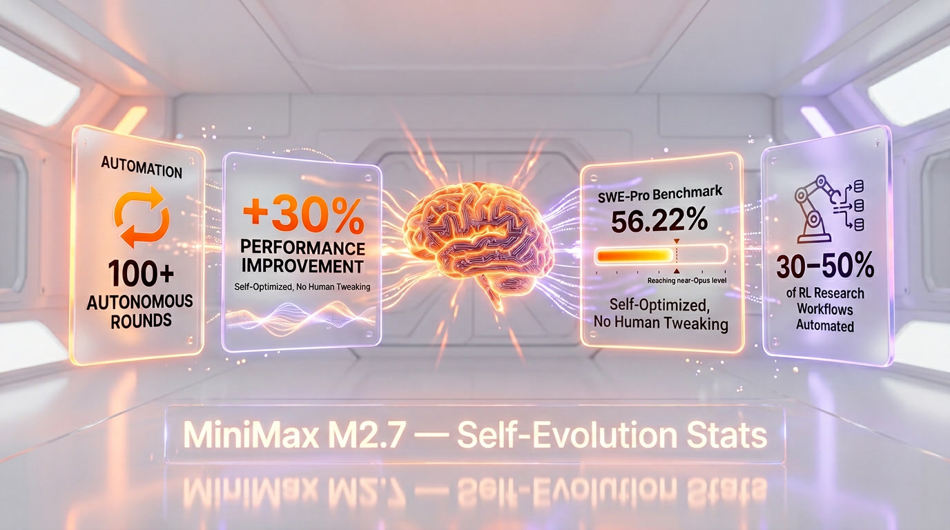 MiniMax M2.7: The Self-Evolving AI Model That Optimized Itself Through 100+ Autonomous Rounds — Infographic – Key Stats