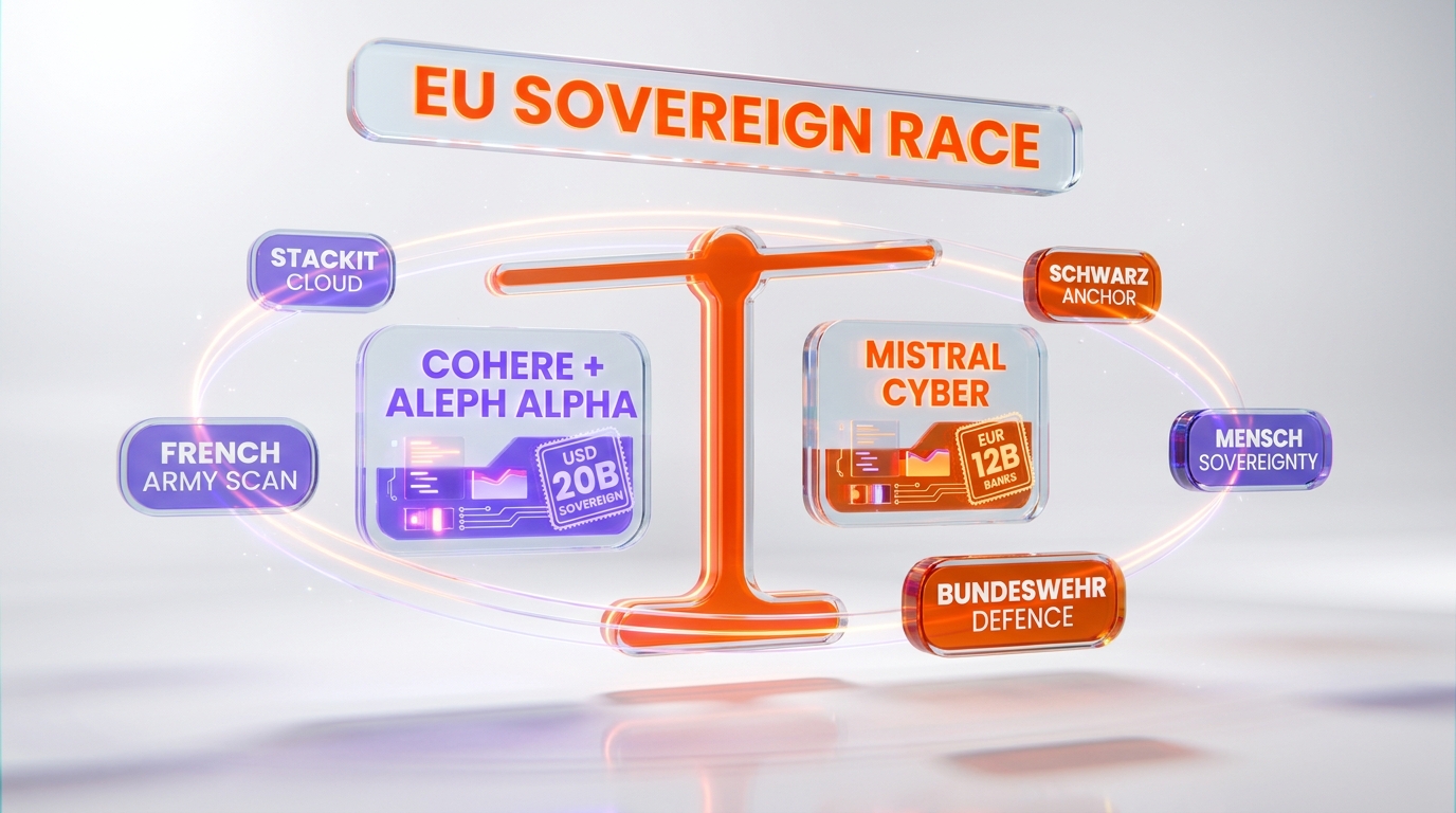 Cohere versus Mistral EU sovereign race scoreboard — Cohere Aleph Alpha USD 20 billion, Mistral cyber EUR 12 billion, STACKIT cloud, Schwarz anchor, Mensch sovereignty, Bundeswehr French army scan