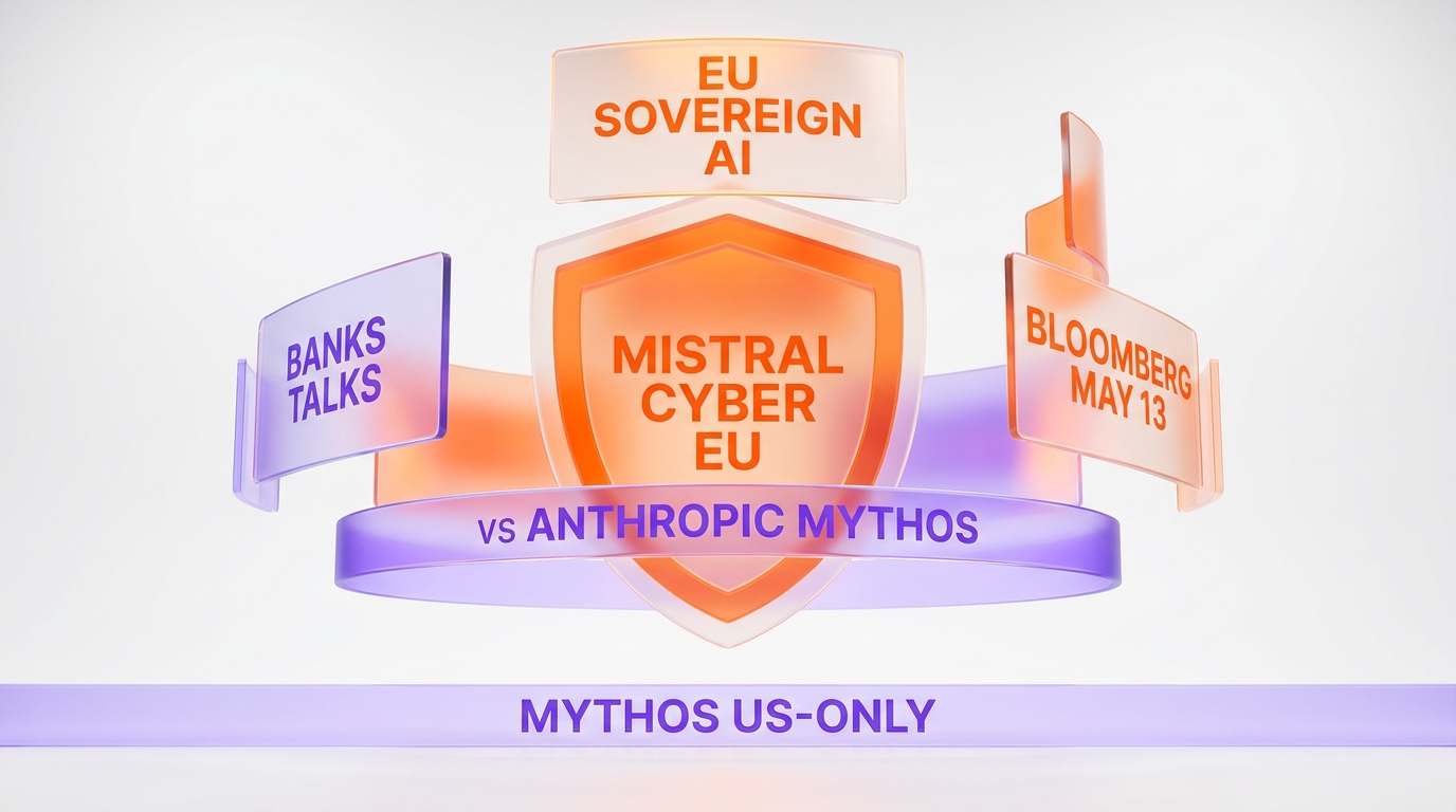 Mistral cybersecurity model for European banks — sovereign alternative to Anthropic Mythos, Bloomberg May 13 2026, glassmorphism command center