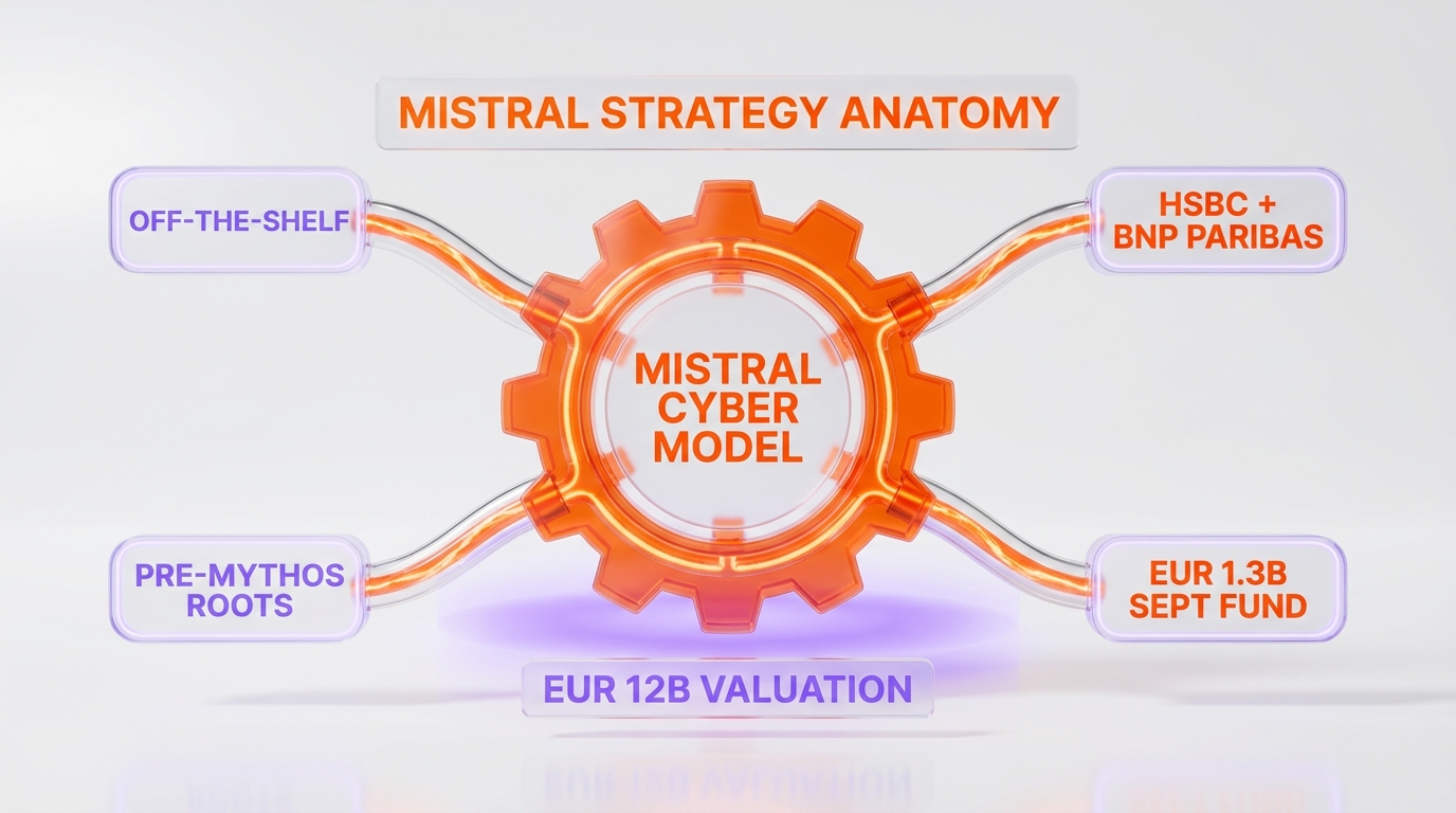 Mistral cyber model strategy anatomy — off-the-shelf product, HSBC BNP Paribas clients, pre-Mythos roots, EUR 1.3 billion September funding, EUR 12 billion valuation
