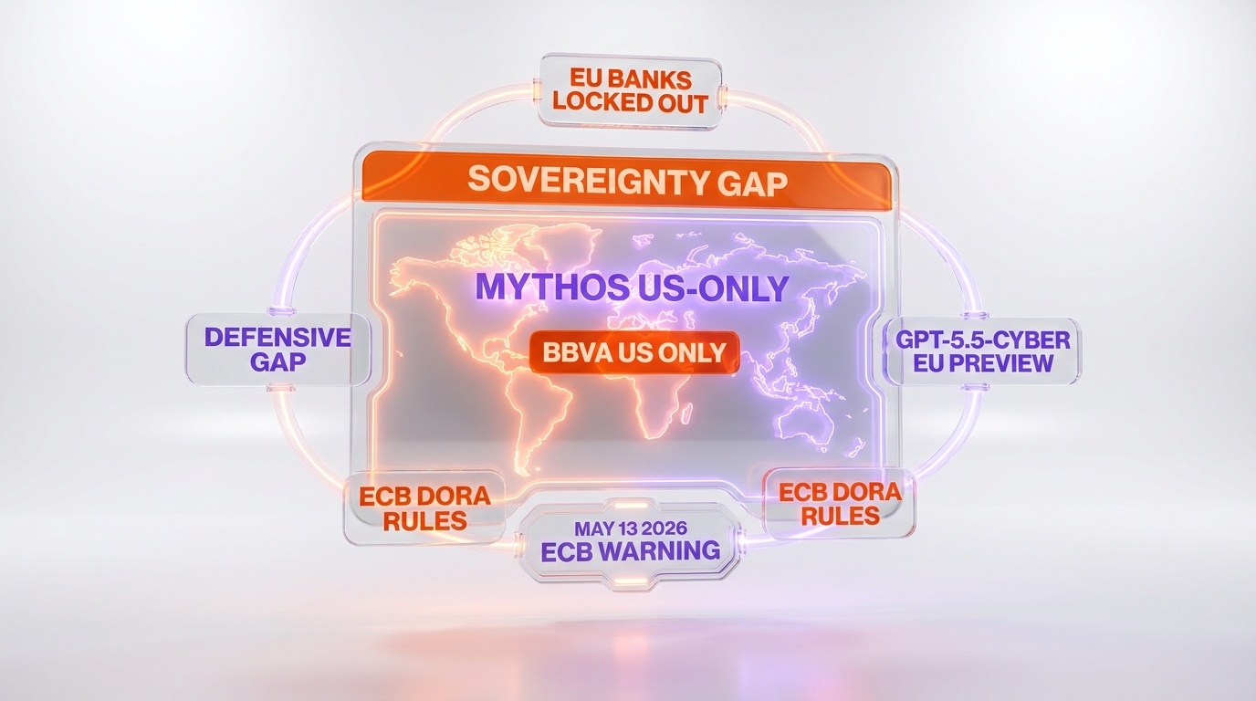 Sovereignty gap dashboard — Mythos US-only restricted to BBVA, EU banks locked out, GPT-5.5-Cyber EU preview, ECB DORA, May 13 2026 warning