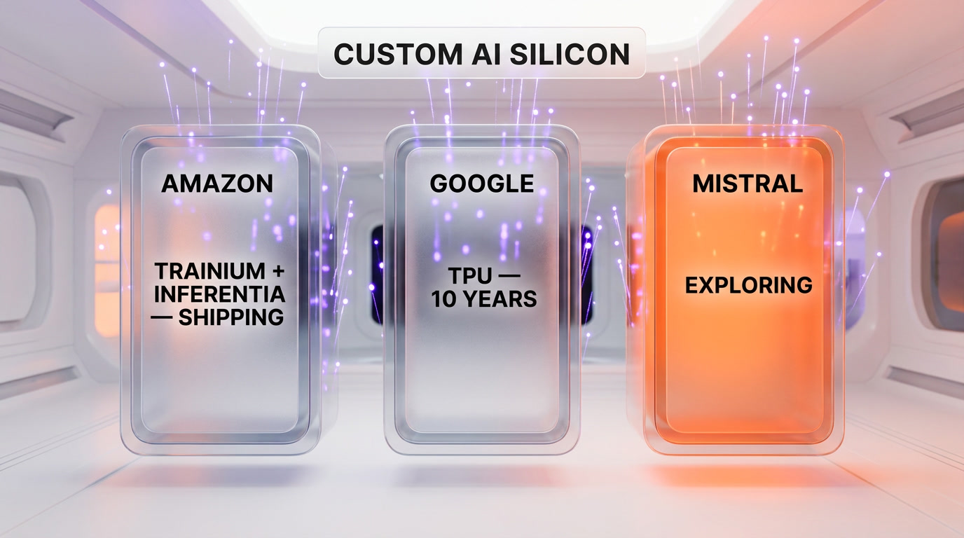 Custom AI silicon comparison — Amazon Trainium, Google TPU, and Mistral's exploratory status