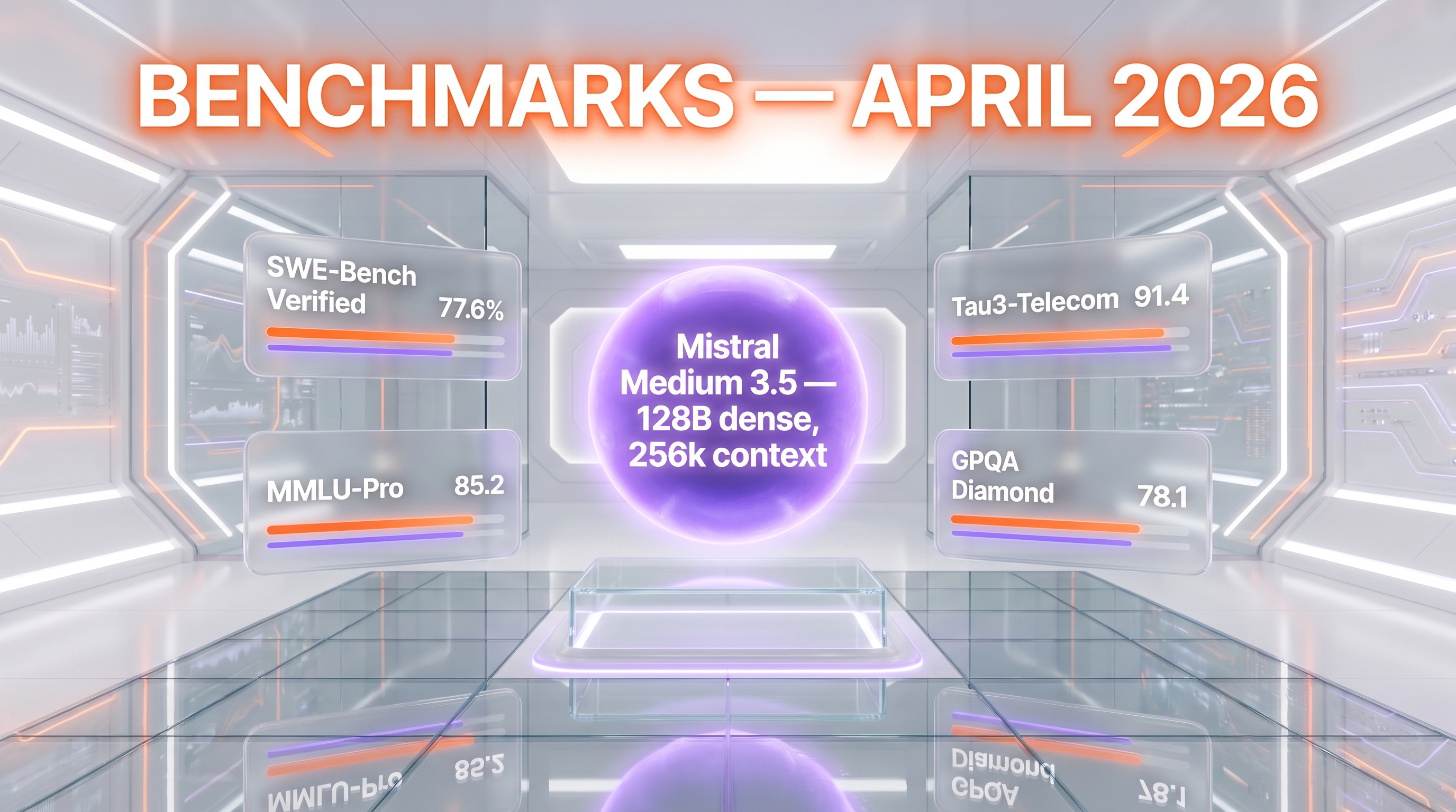 Mistral Medium 3.5 benchmark scoreboard April 2026 — 77.6% SWE-Bench Verified, 91.4 Tau3-Telecom, 85.2 MMLU-Pro, 78.1 GPQA Diamond
