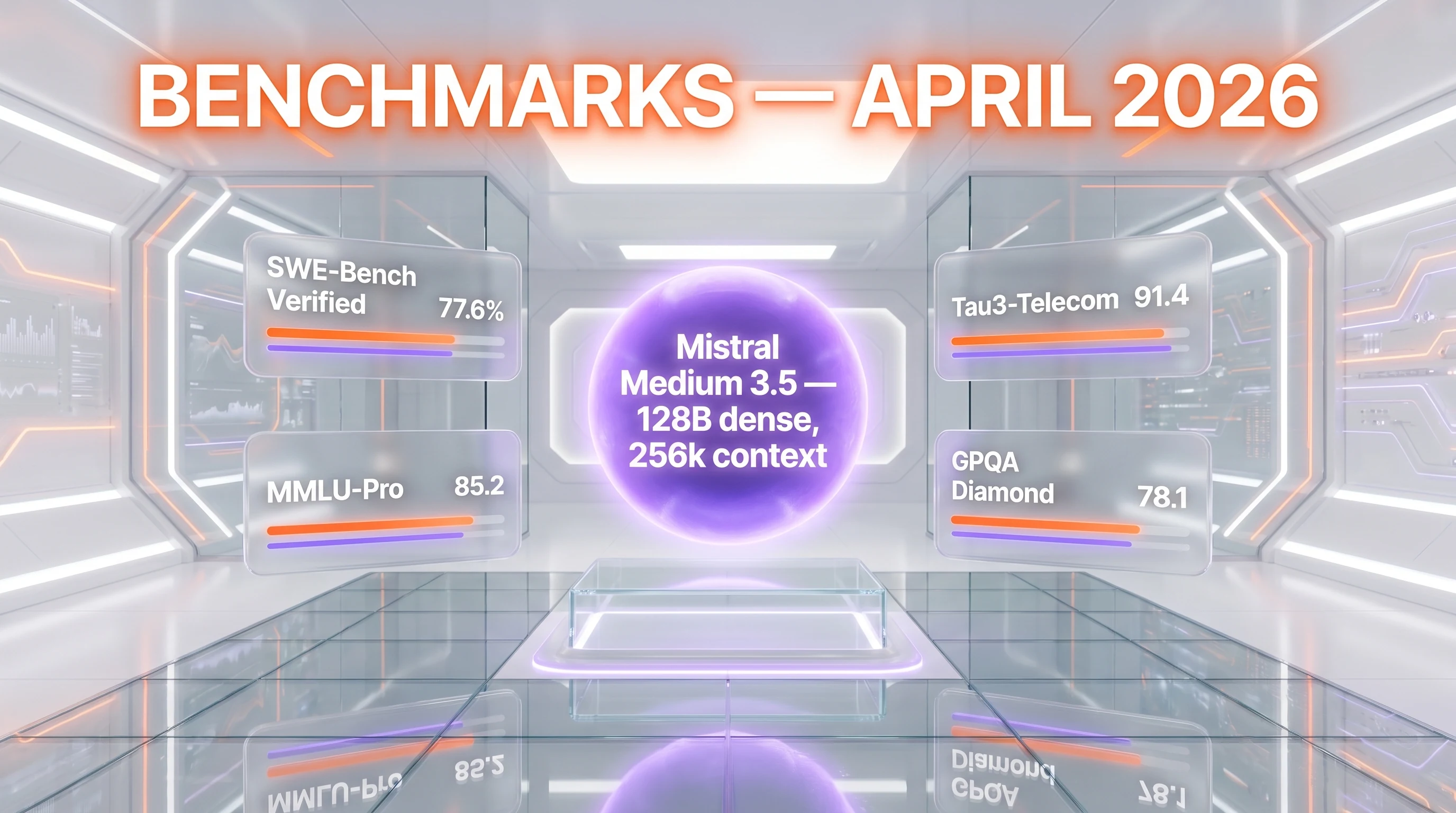 Mistral Medium 3.5 benchmark scoreboard April 2026 — 77.6% SWE-Bench Verified, 91.4 Tau3-Telecom, 85.2 MMLU-Pro, 78.1 GPQA Diamond