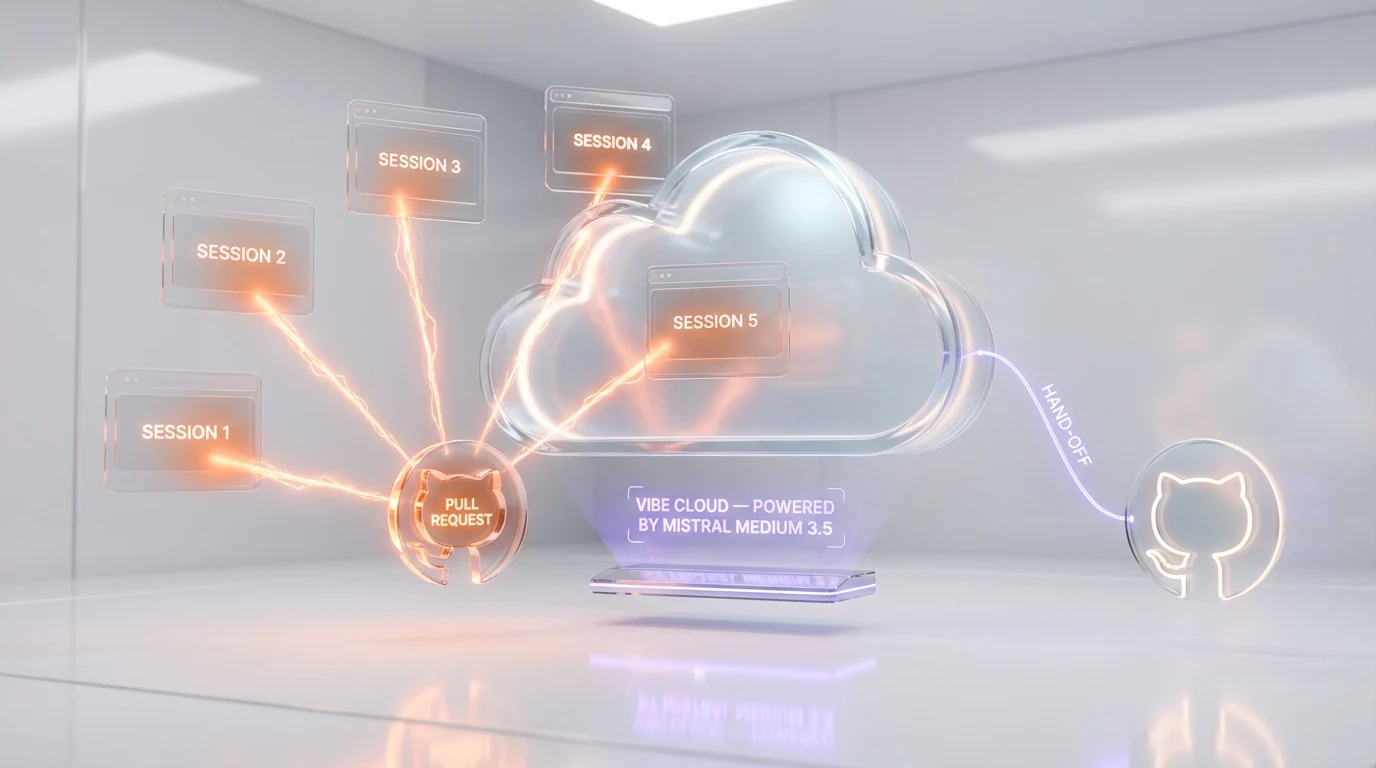 Mistral Vibe Cloud remote async coding agents — parallel sessions in isolated sandboxes, GitHub pull requests, powered by Mistral Medium 3.5 on Le Chat