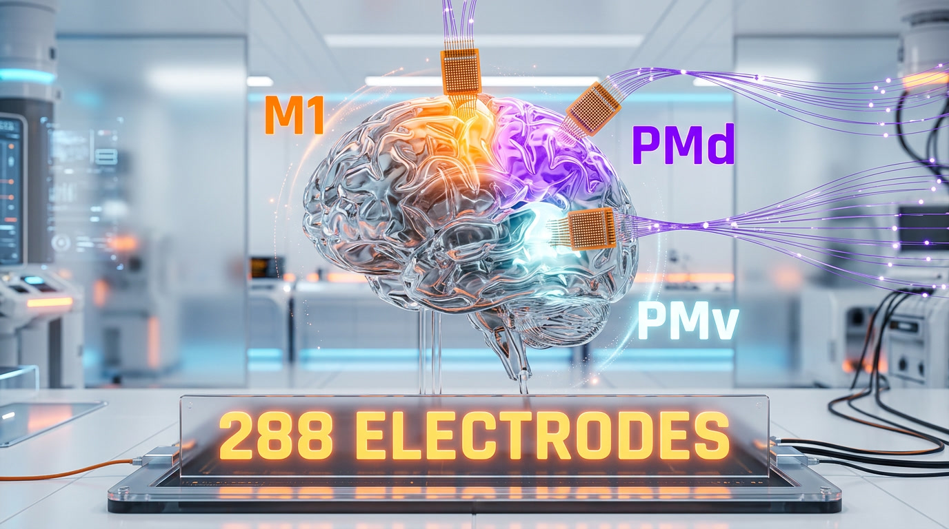 Intracortical brain-computer interface diagram showing three Utah arrays implanted in M1 primary motor cortex, PMd dorsal premotor cortex, and PMv ventral premotor cortex for VR navigation decoding