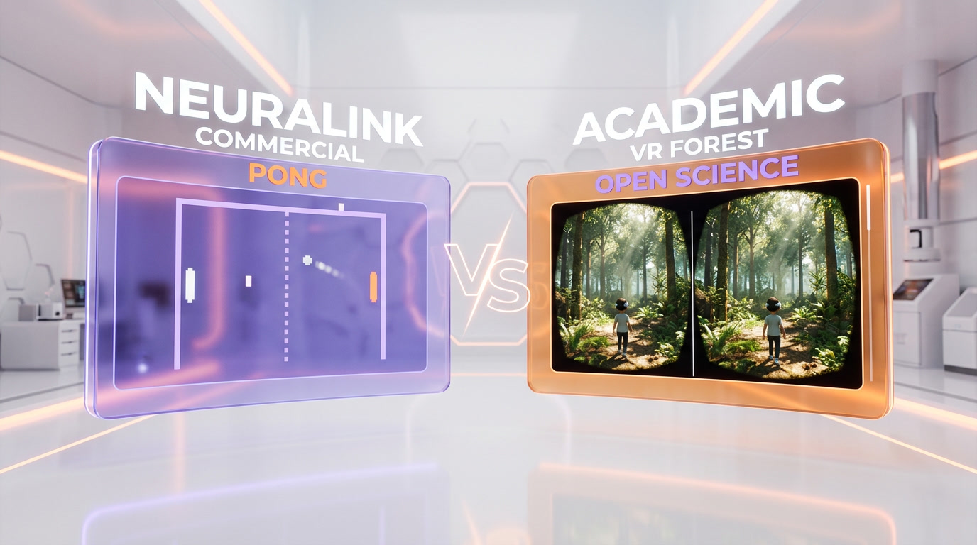 Comparison chart contrasting Neuralink commercial BCI 2D Pong demo with Science Advances academic iBCI 3D VR forest navigation across three motor cortex regions