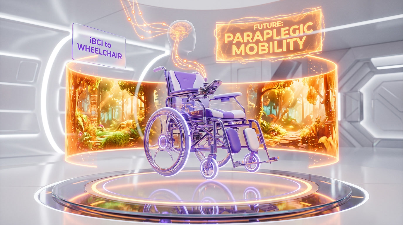 Future paraplegic mobility concept — powered wheelchair driven by intracortical brain-computer interface decoding intent from PMd dorsal premotor cortex with VR therapy hologram