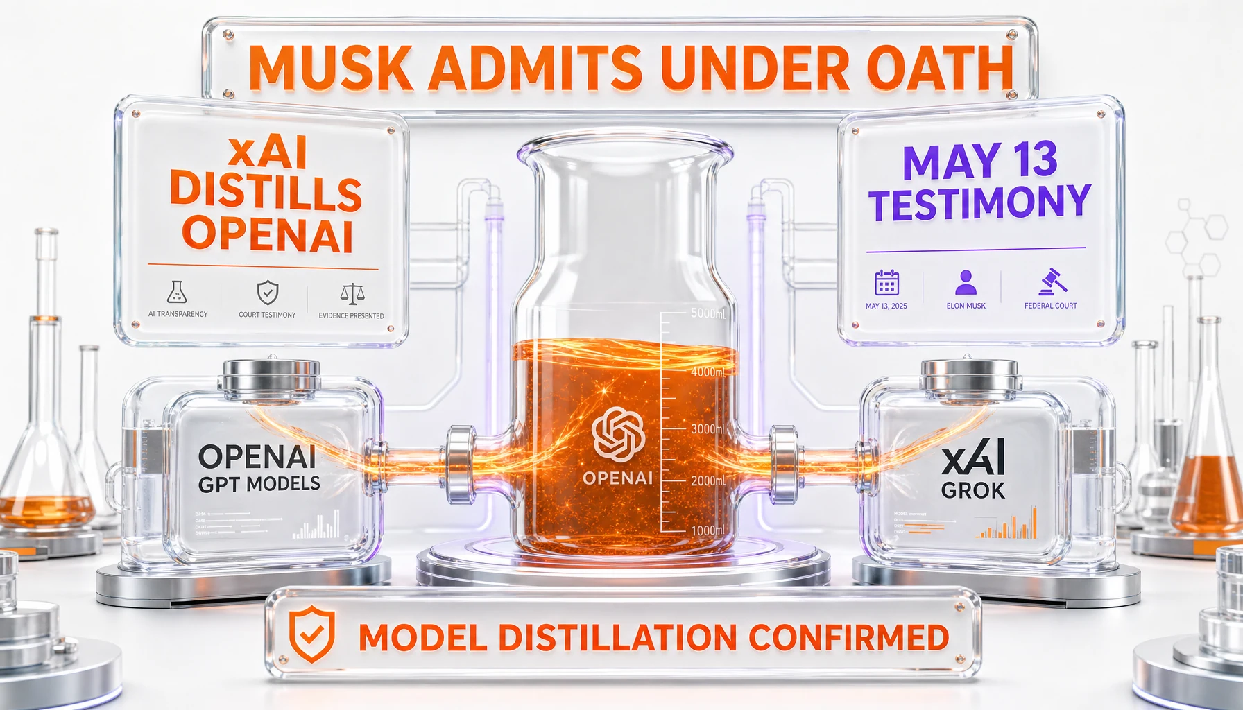 Musk admits under oath xAI distills OpenAI models — May 13 testimony, model distillation confirmed, commercial API outputs